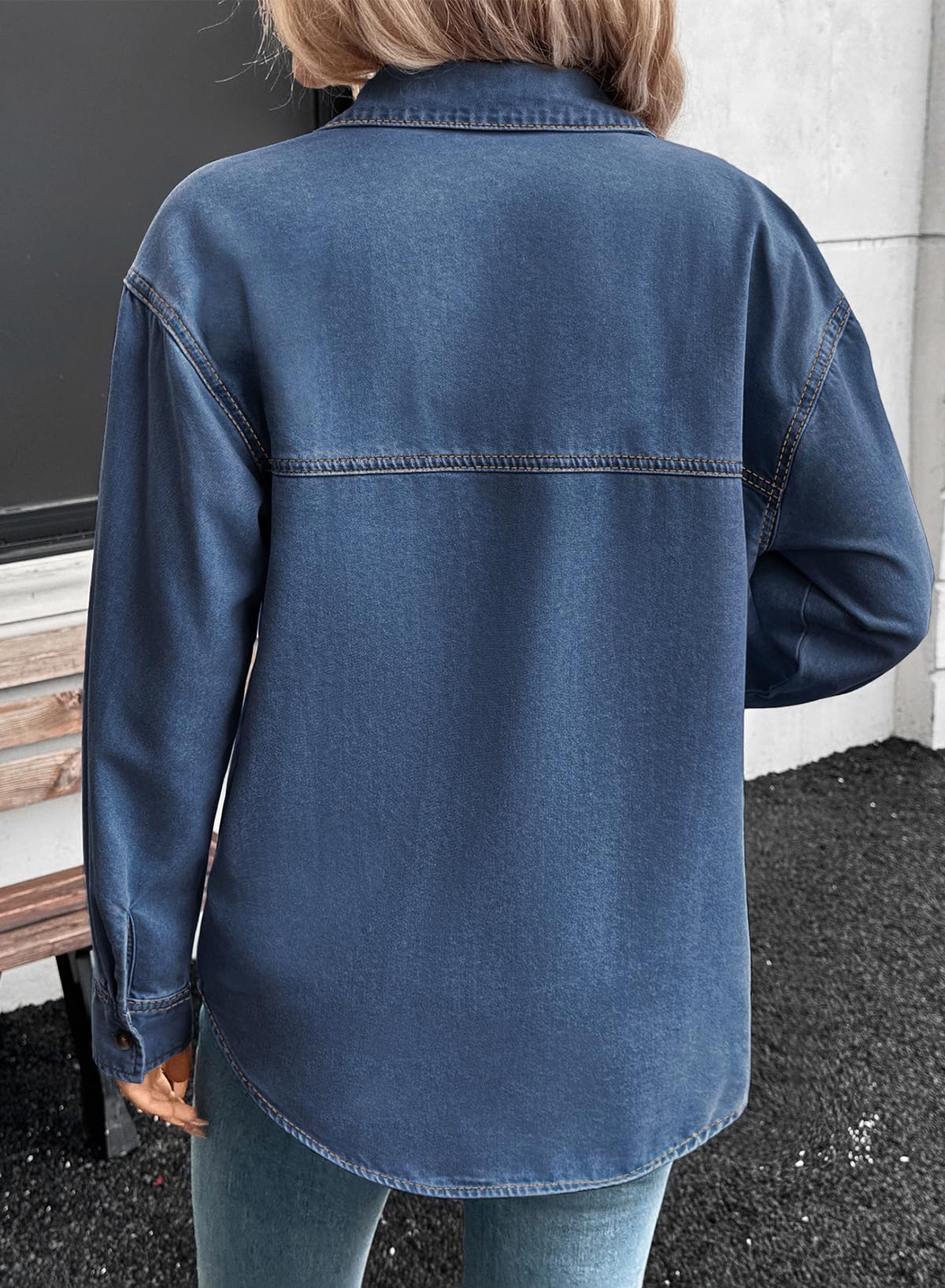 Sidefeel Women Denim Shirts Oversized Long Sleeve Button Down Blouse V Neck Casual Top Shackets
