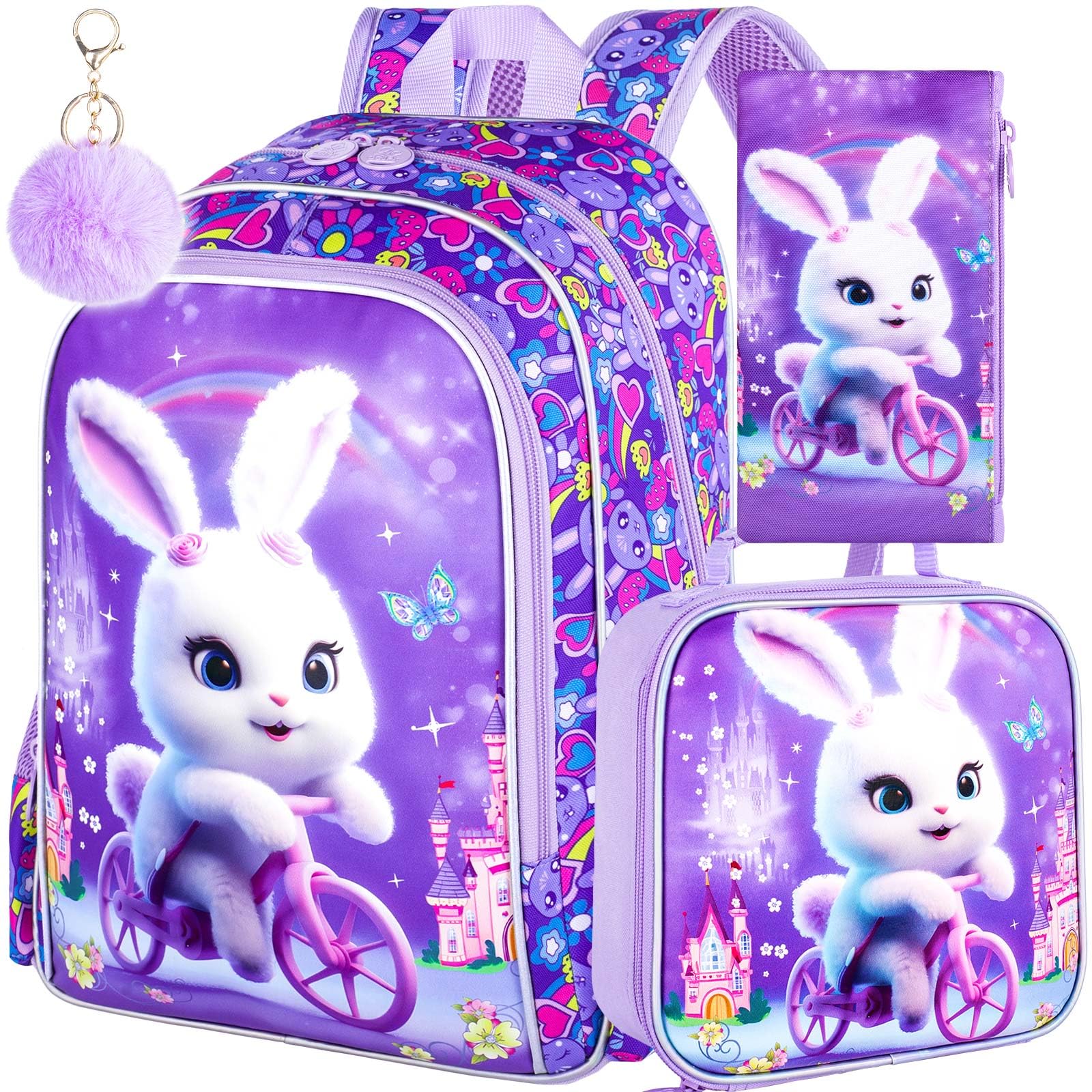 AGSDON 3PCS Backpacks for Girls, 16" Elementary Kids Cute Rabbit Backpack Preschool School Bookbags and Lunch Box