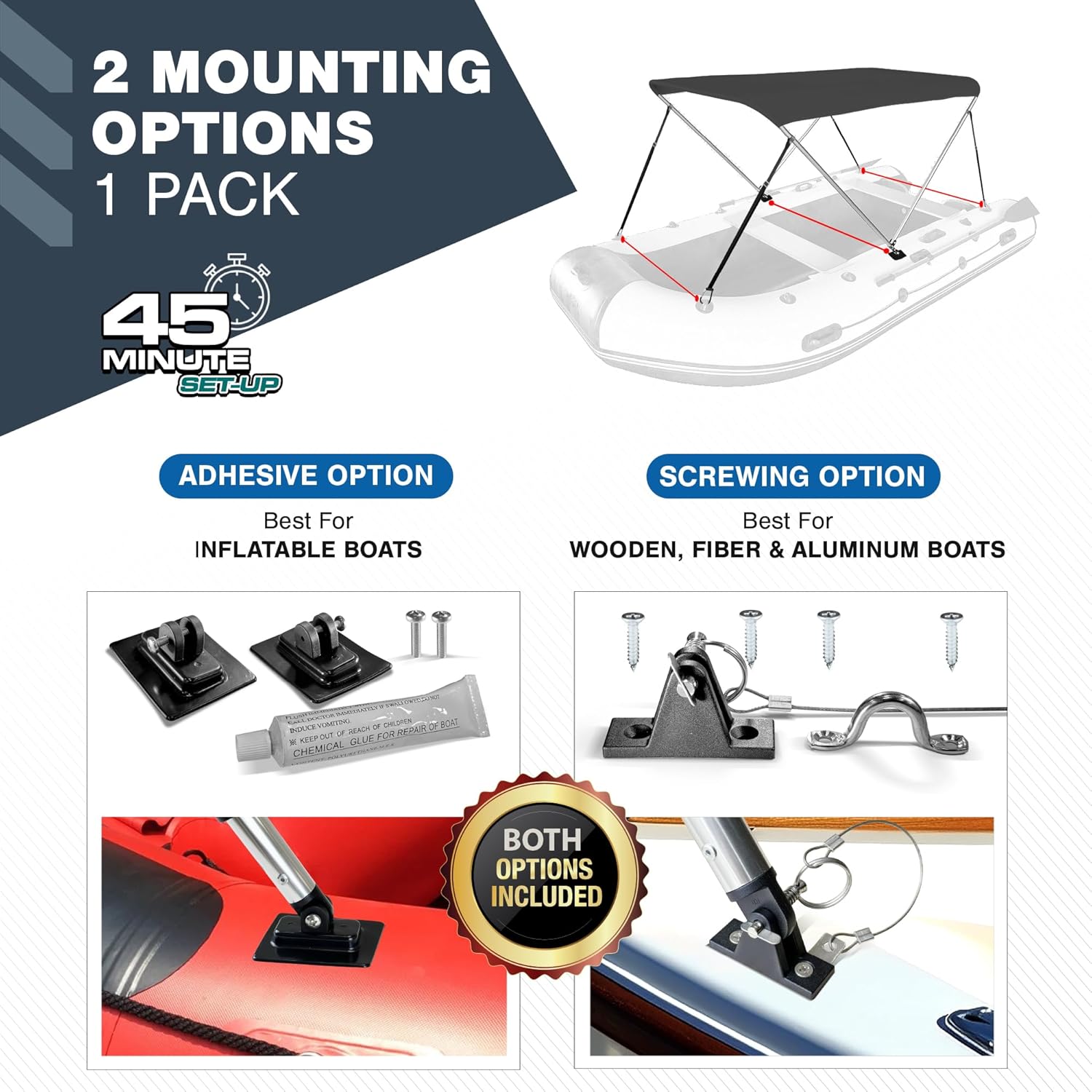 KNOX 2 Bow Bimini Tops for Boats, Boat Canopy Kit, 900D Canvas, Stainless Steel Bimini Top Hardware, Storage Boot, Fits Most Small & Inflatable Boats, 63" L x 43" H x 39"-55" W (Charcoal Gray)