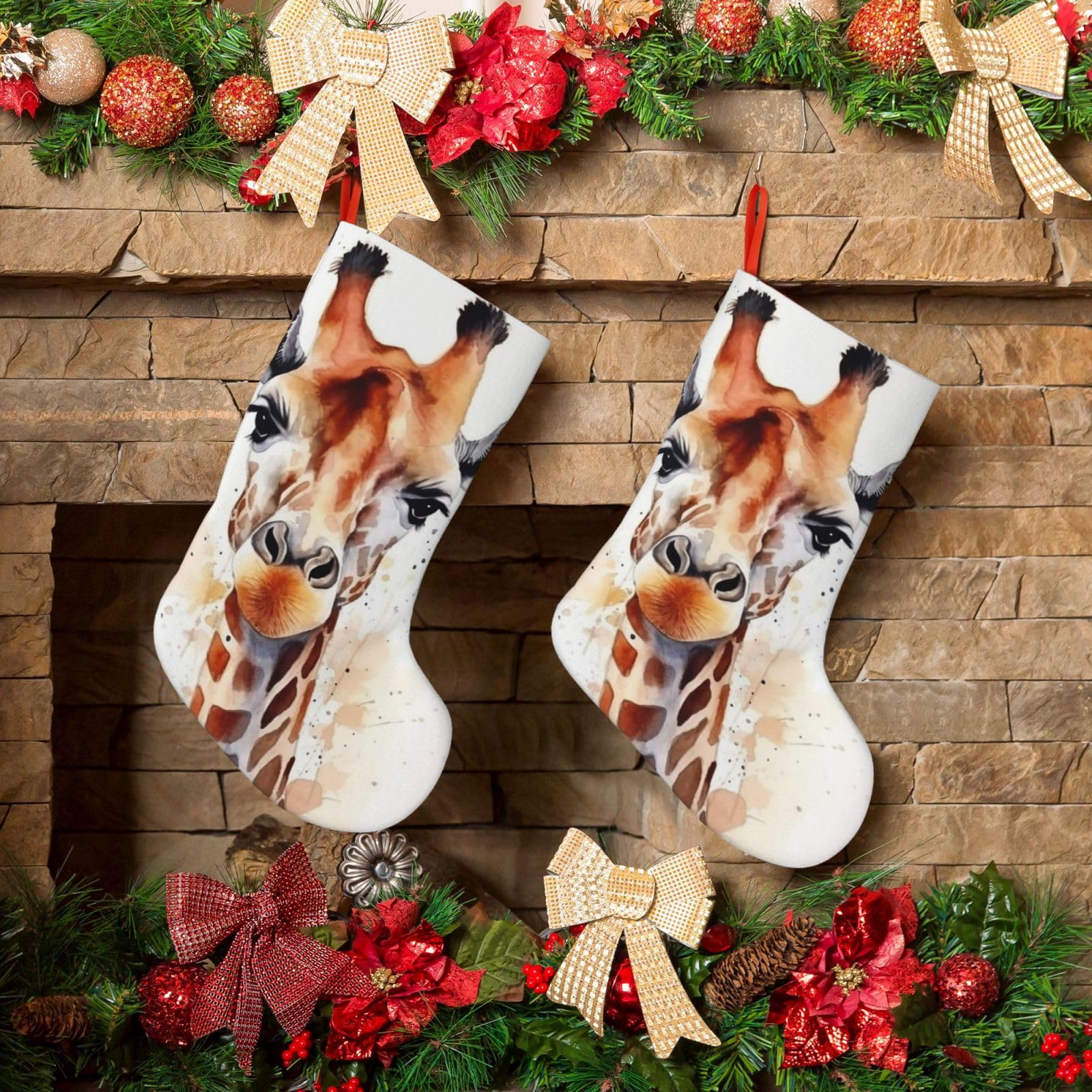 KLOPH Christmas Stockings 18" Personalized Xmas Stocking Stylish Animal Watercolor Giraffe Decoration Stocking Hanging Fireplace Stocking for Holiday Xmas Tree Christmas Fireplace Decor