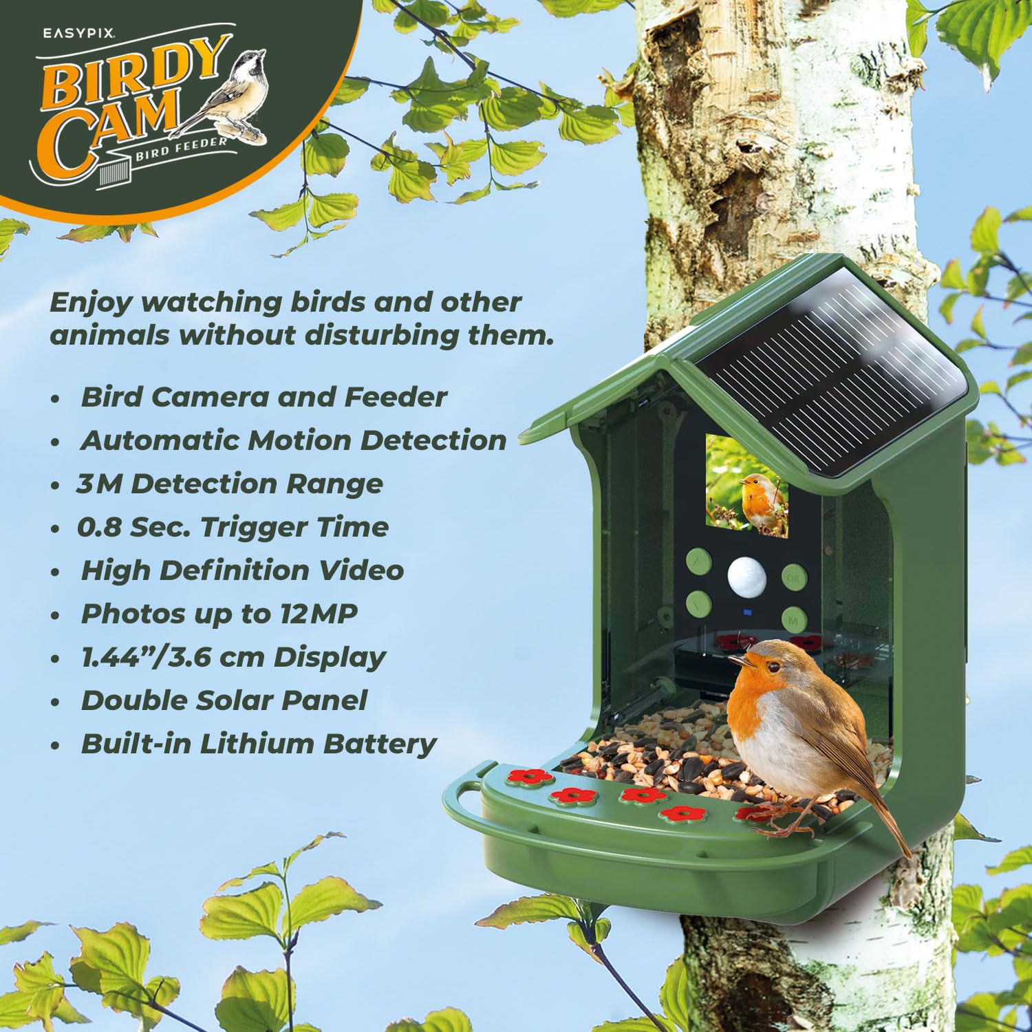 EASYPIX BirdyCam - Mangiatoia con macchina fotografica, energia solare, foto e video HD di uccelli, mangiatoia per giardino