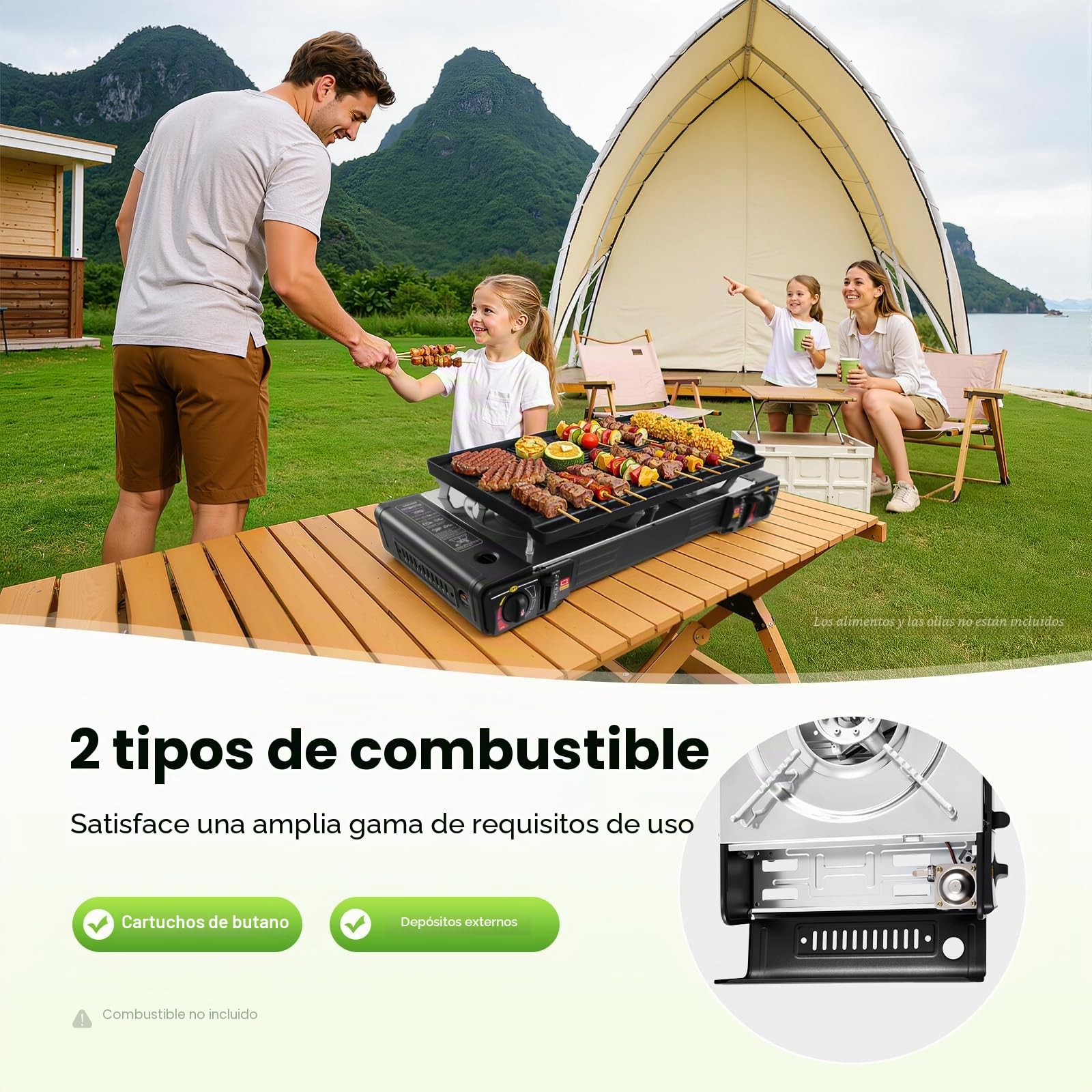 Juego de barbacoa de gas 2 en 1, hornillo de gas de 2 quemadores, hornillo portátil de camping con plancha + parrilla, para camping, viajes, trekking y cocina al aire libre