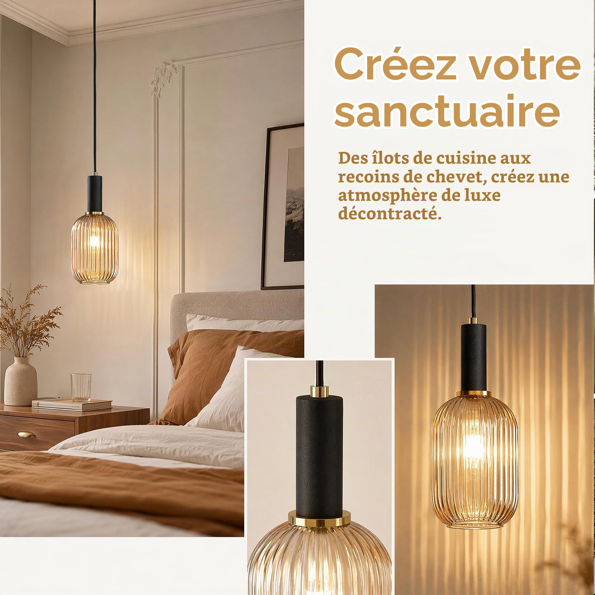 ESKED Suspension Moderne en Verre Strié avec Douille E27, Luminaire Suspendu pour Îlot de Cuisine, Salle à Manger, Chambre (Ambré, 13cm)