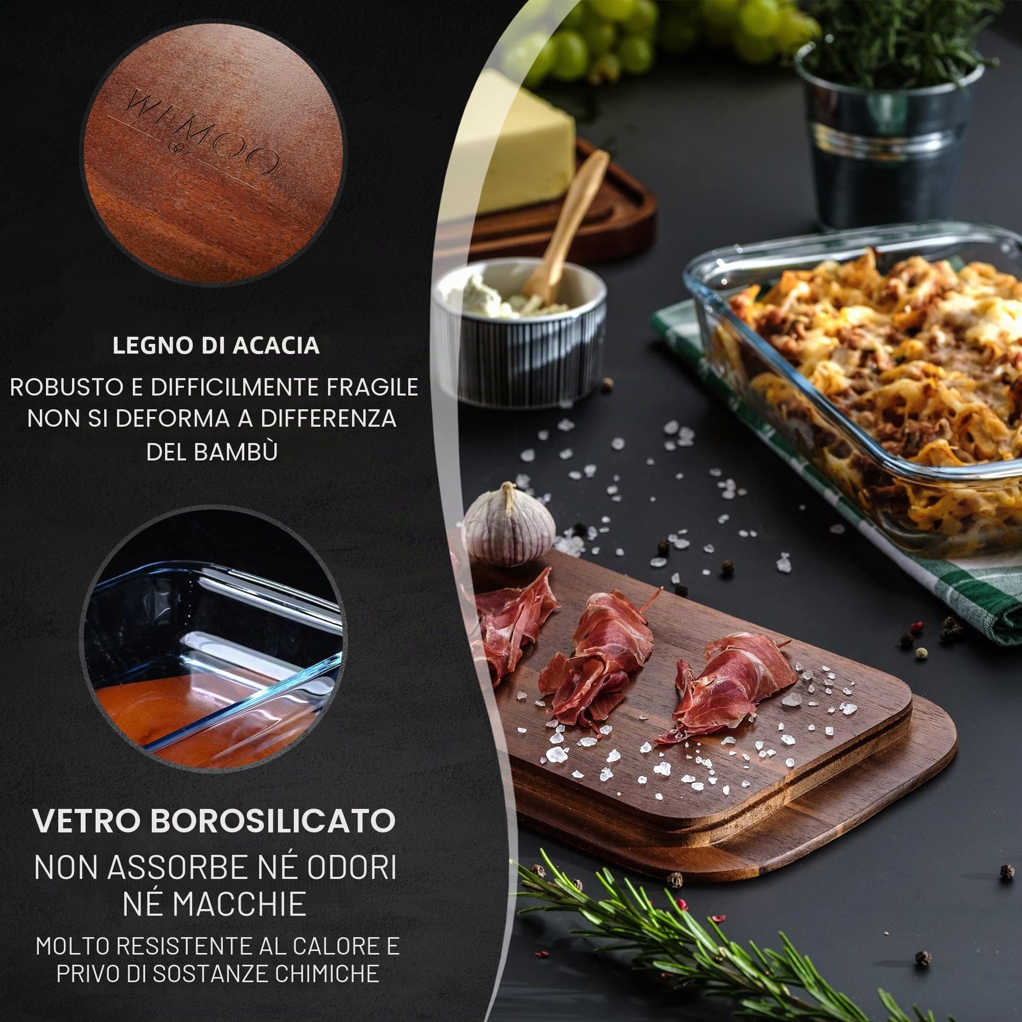 Scatole per alimenti in vetro e legno di acacia, senza BPA, grandi, piatte, impilabili, in legno massiccio, resistenti al calore e al freddo, senza coperchio fragile in bambù, adatte come