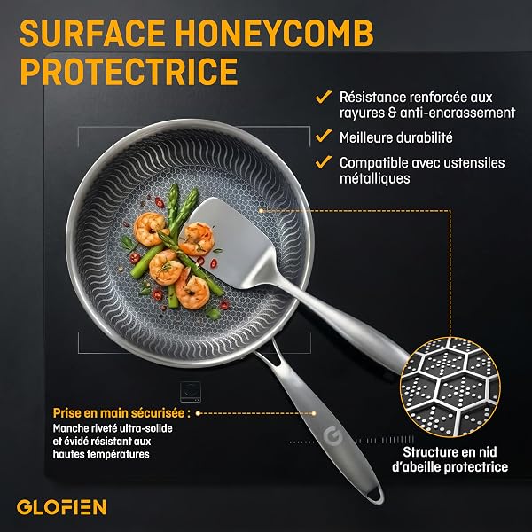 Glofien Set 2 Poeles Acier Inoxydable 26/28 cm – Poele Inox 18/10, Structure Tri-Ply avec surface nid d'abeille- Poele Anti Adhesive sans PFAS, Tous Feux dont Induction. - 3