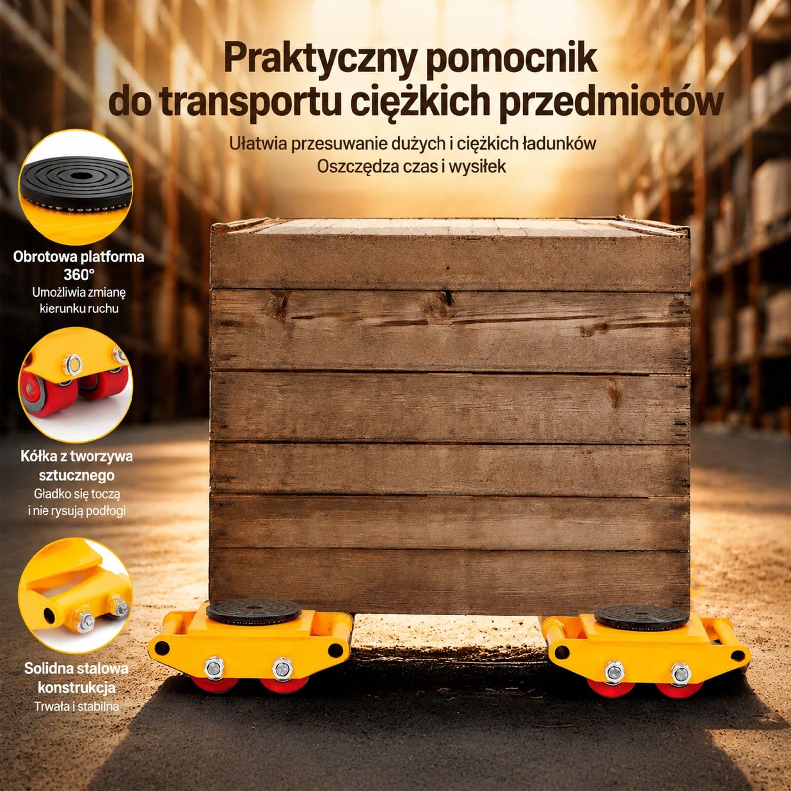 Rolki transportowe ze stali węglowej z 4 kołami PU i obrotową płytą do transportu mebli