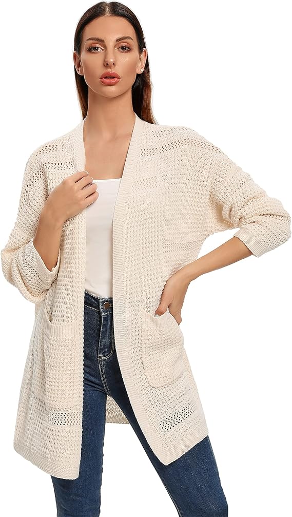 ISOMEI Women's Batwing Sleeve Hollow Out Open Front Knit Long Oversized Cardigans Sweaters Outerwear