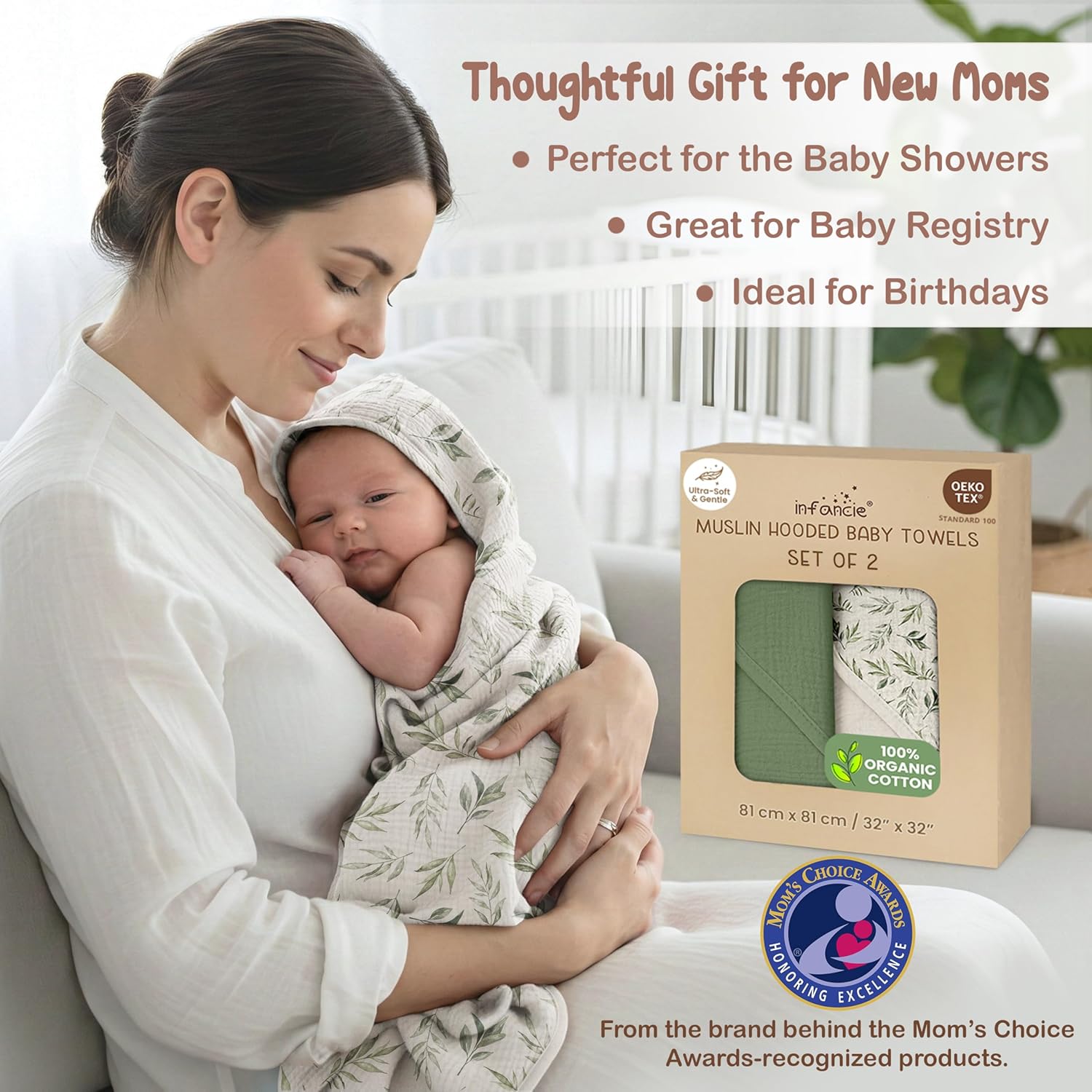 100% Organic Cotton Muslin Baby Hooded Towels 32x32 Inch – 2 Pack Soft & Absorbent Baby Hooded Towel Wrap for Boys & Girls, Premium Hooded Towels, Gentle Baby Essentials in Deep Green/Floral