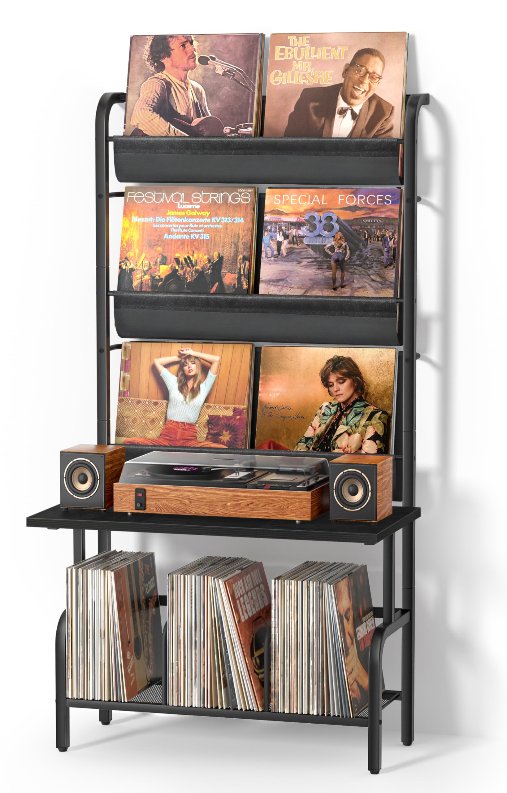 Bikoney Supporto per Giradischi con Mobiletto Porta Vinili, Archiviazione per 300 Album LP, Tavolino Multilivello con Espositore per Dischi, Mobile Robusto per Soggiorno, Nero