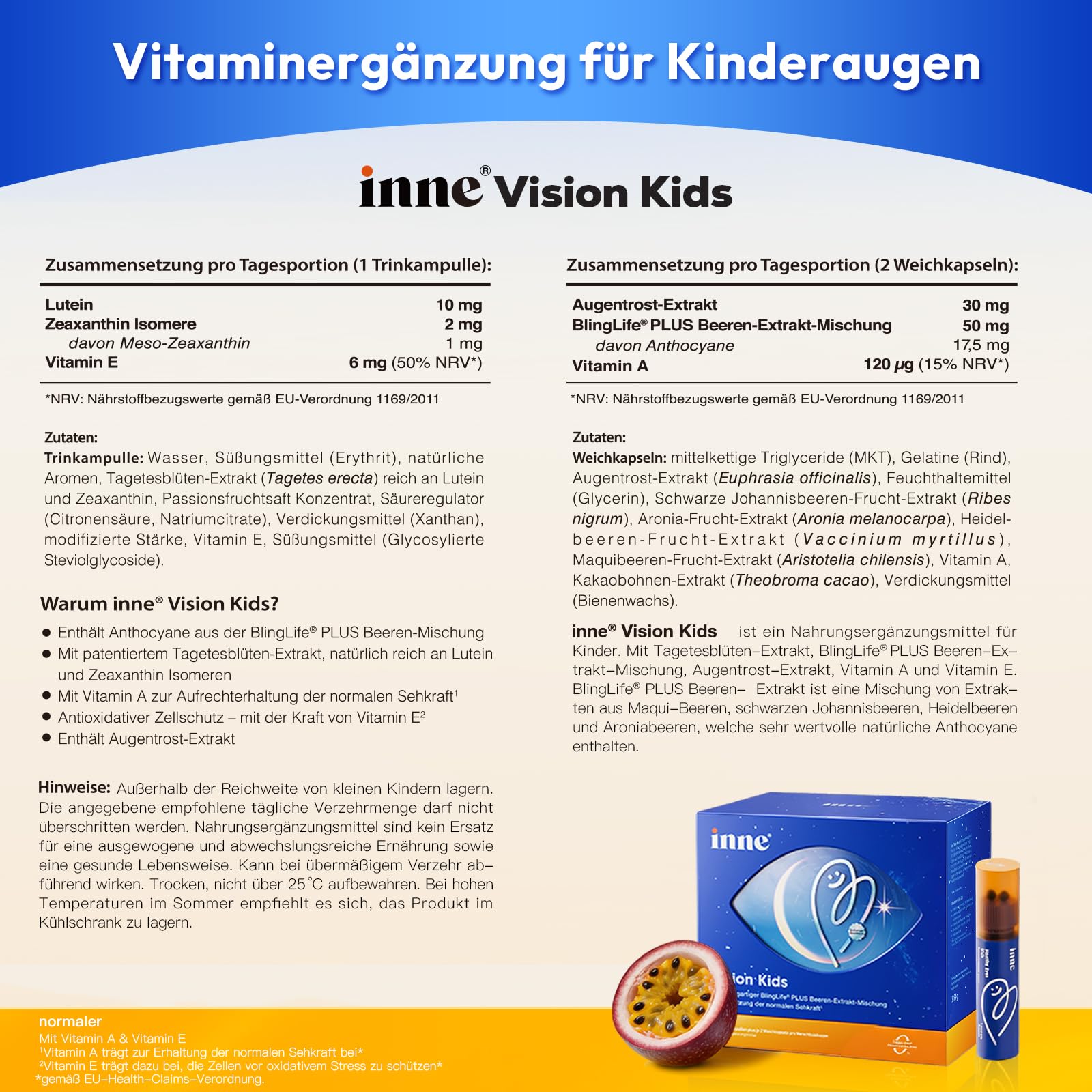 inne® Vision Kids Augenvitamine | mit 10 mg Lutein, 2mg Zeaxanthin, Vitamin A, Beeren- Augentrost-Extrakt | 20 Trinkampullen | Vegan | Nahrungsergänzungsmittel für Kinder ab 10 Jahren & Erwachsene