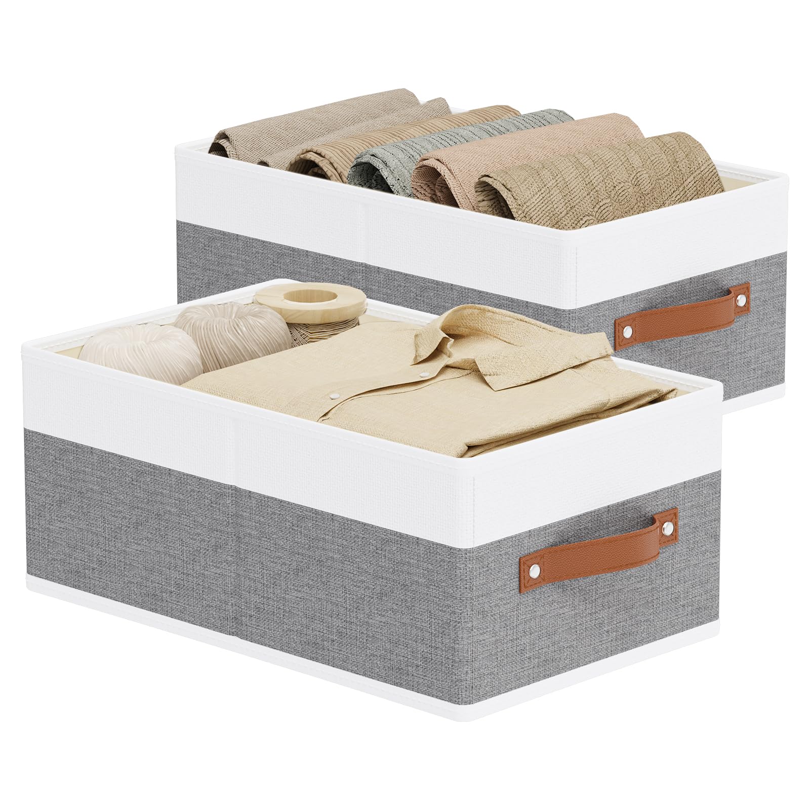 YheenLf Storage Baskets, 16.1 × 9.8 × 6.5 Inch Drawer Organizers with Handles, Fabric Storage Bins for Organizing Shelves, White and Grey, 2-Pack