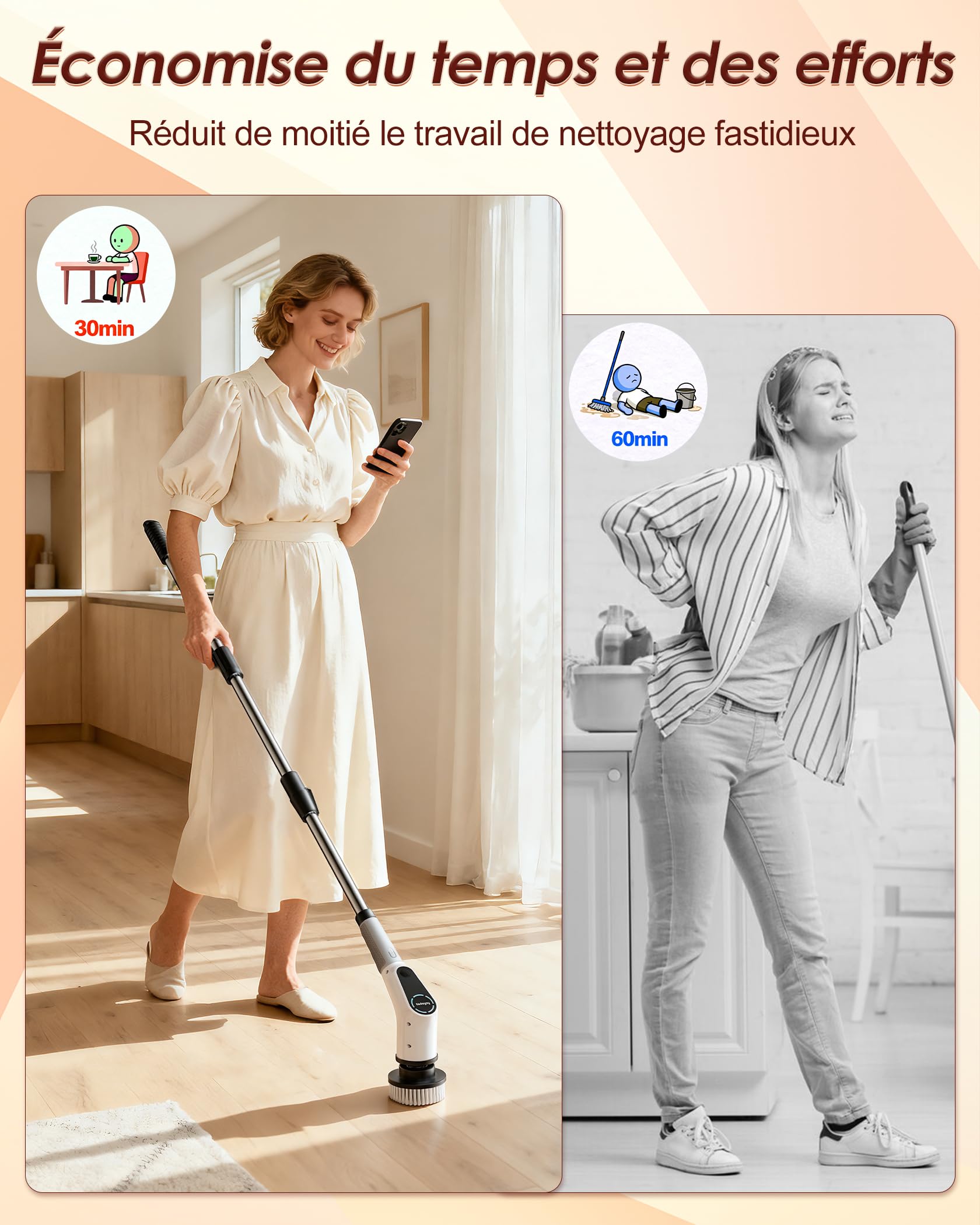 Brosse de Nettoyage électrique Rotative, Brosse de Douche avec 8 Têtes de Brosse Remplaçables, Electric Spin Scrubber avec Manche Extensible, 2 Vitesses Réglables, pour Baignoire, Coulis, Carrelage