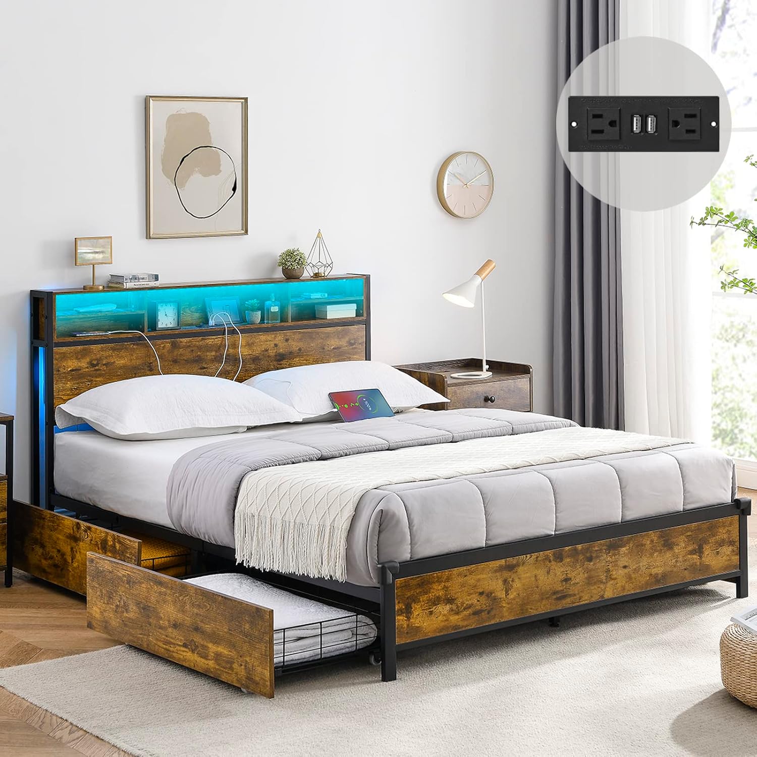 Alohappy Queen Bed Frame with 4 Storage Drawers and