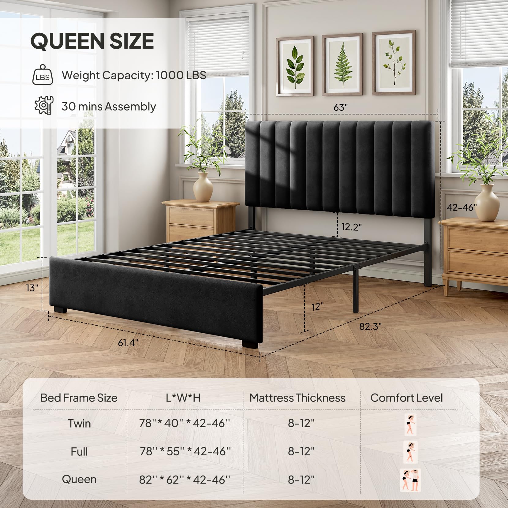 Welzona Queen Upholstered Bed Frame with Headboard, Velvet Upholstered Metal Platform Bed with Vertical Channel Tufted Headboard, 3-Level Height, Metal Slat Support, Noise-Free Easy Assembly, Black - 2