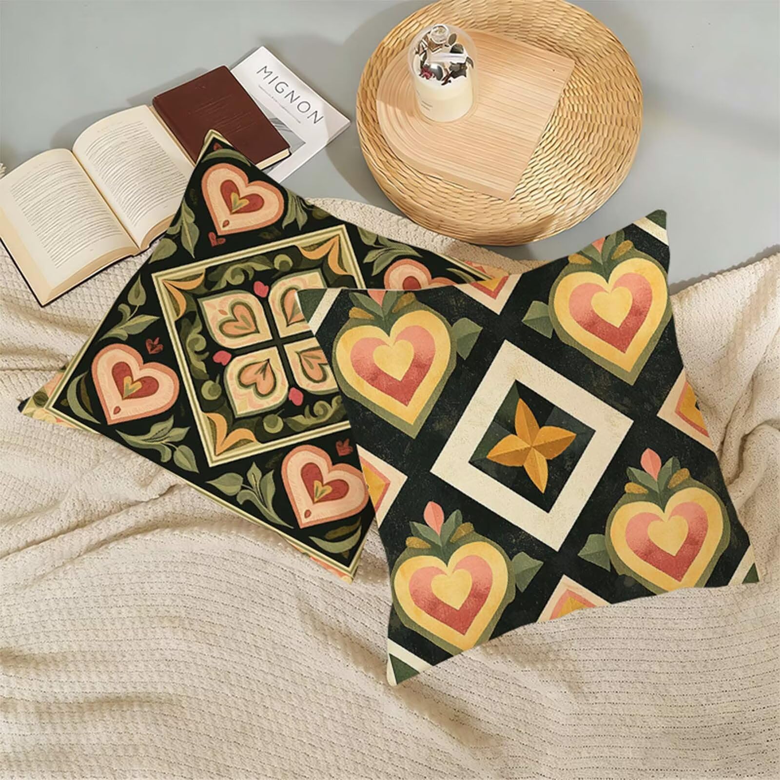 Juego de 2 Funda Cojin 80x80cm Verde, Cuadrada Impermeable Fundas Cojines Bohemia Lino Impresión a Doble Cara con Cremallera Oculta, Apto para Todas las Estaciones Funda Almohada para Sofá Salón X-271
