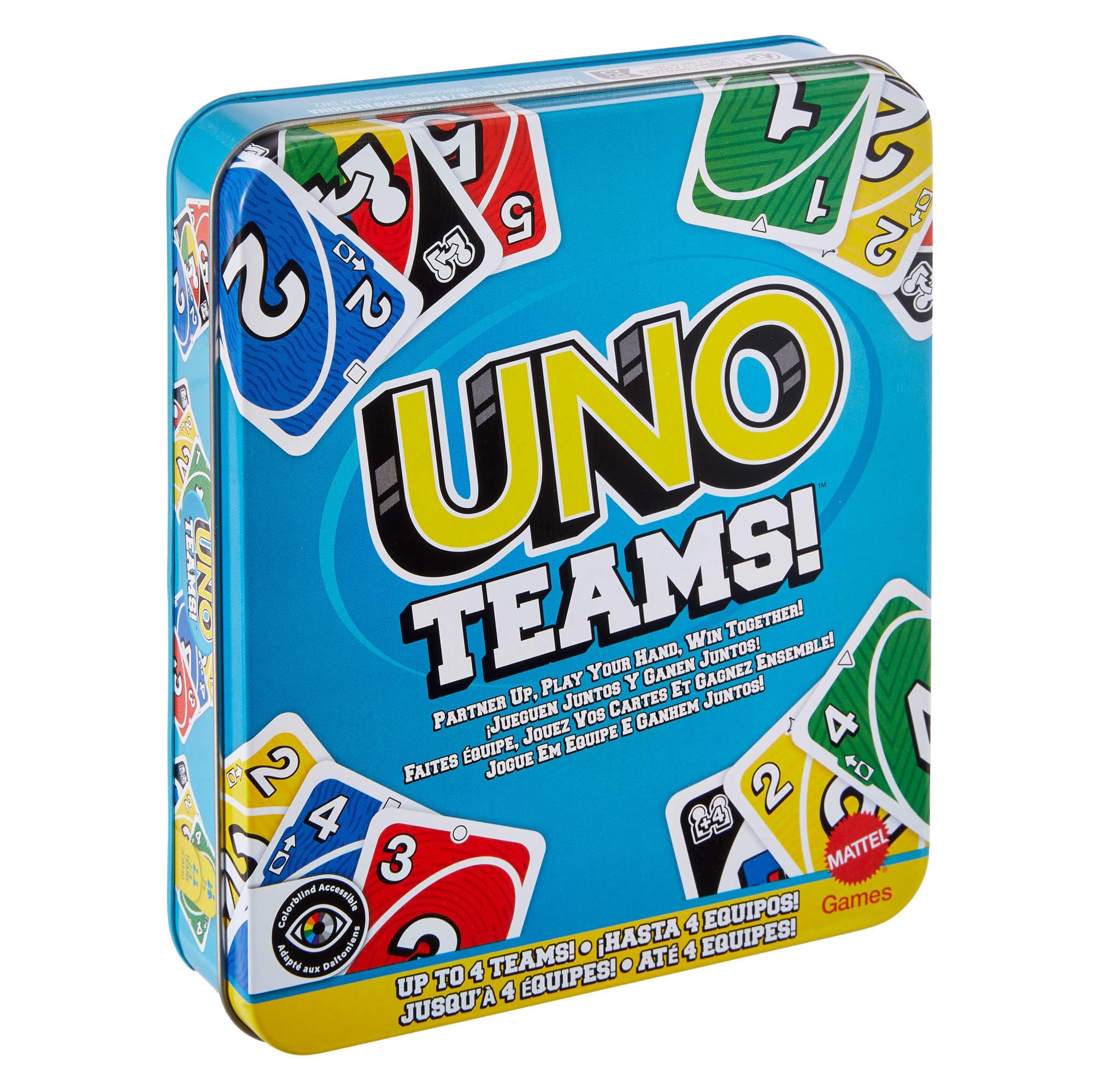 Mattel Games UNO Teams Gra karciana dla dzieci, dorosłych i rodzin na wieczór gier, imprezę i wyjazd, przeznaczona do gry w 2-osobowych zespołach, zawiera reguły specjalne, JDM40