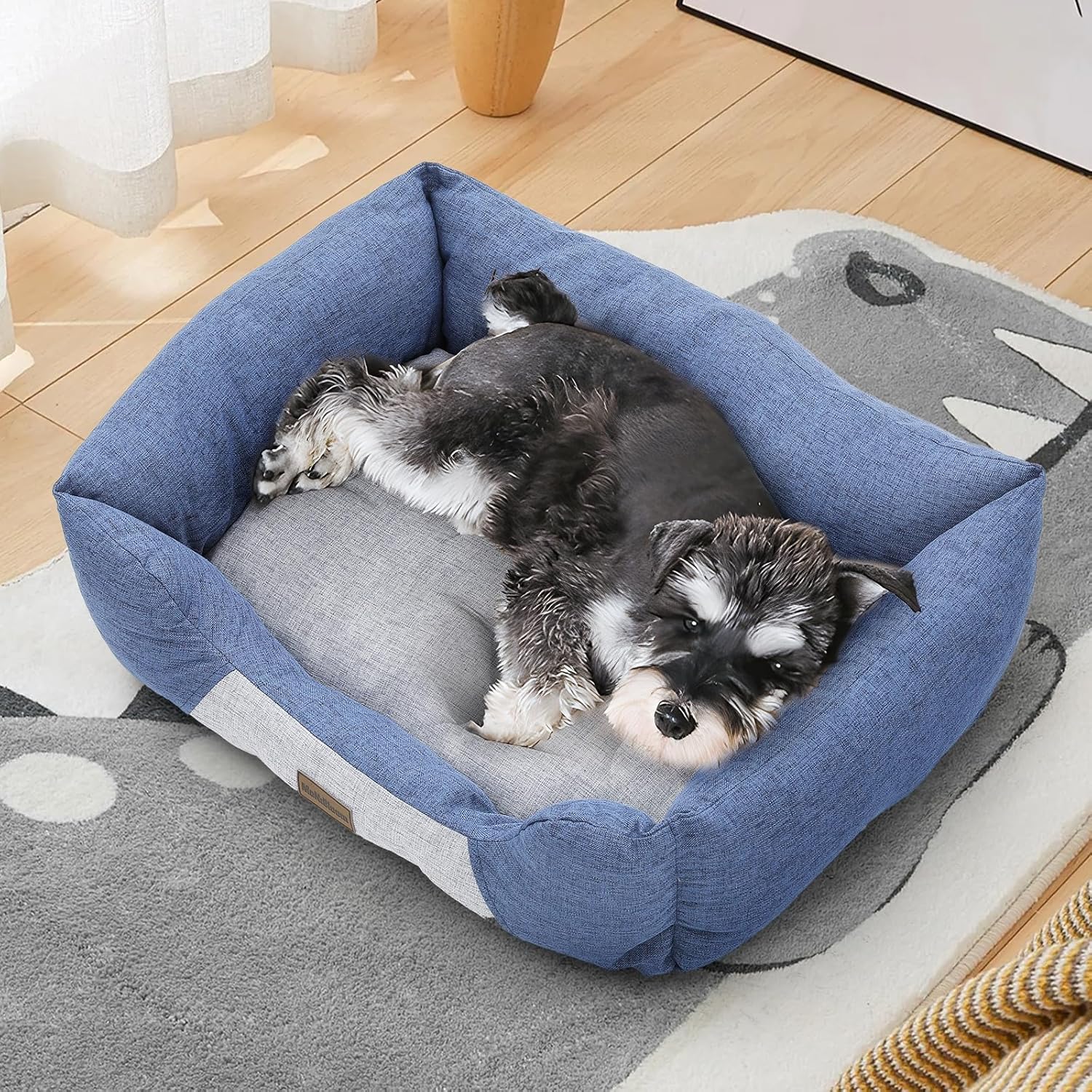 MoNiBloom 27"x21"x7" Dog Beds for Medium Small Dogs Machine-Washable Linen-Like Fabric Pet Beds Warming Cozy Soft Bed for Dogs and Cat, Blue