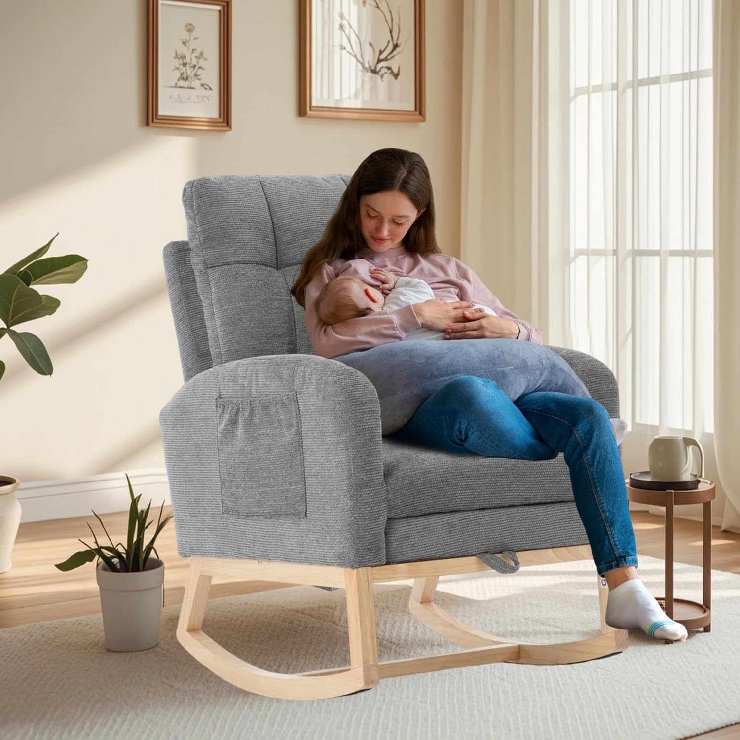 Rosevera Nursery Rocking Chair with Adjustable Footrest for Living Room - Teddy Fabric, Solid Wooden Legs, Comfortable Lounge Armchair with High Backrest and Side Pockets (Contemporary, Gray)