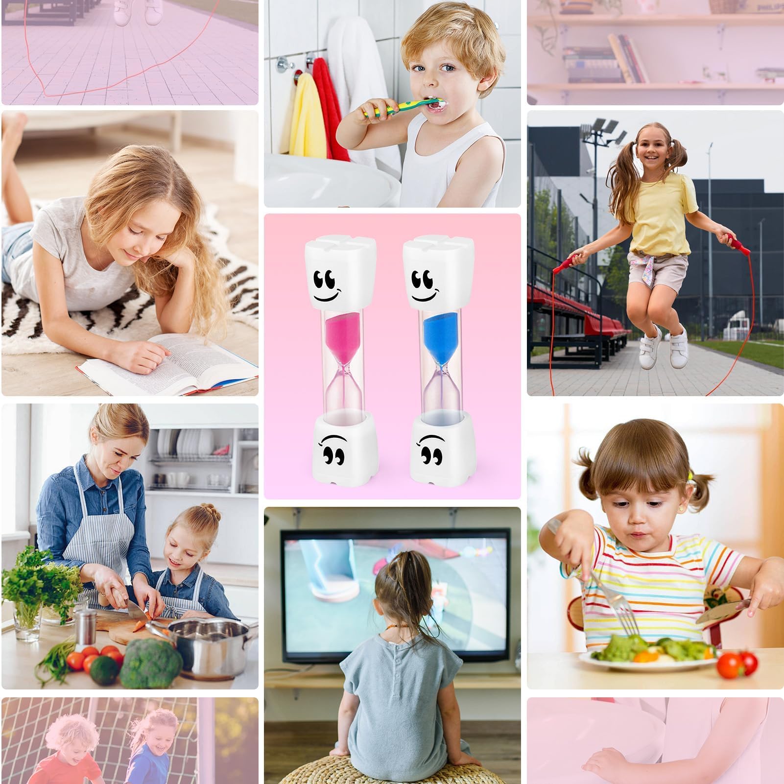 2Pcs Sablier Brossage Dents Enfant, Coloré Éducatif Résistant Sablier 2 Minutes, Convient pour la Cuisine Le Bureau Les Jeux Le Brossage Dents Quotidien Familial Pratique Durable (Rose + Bleue)