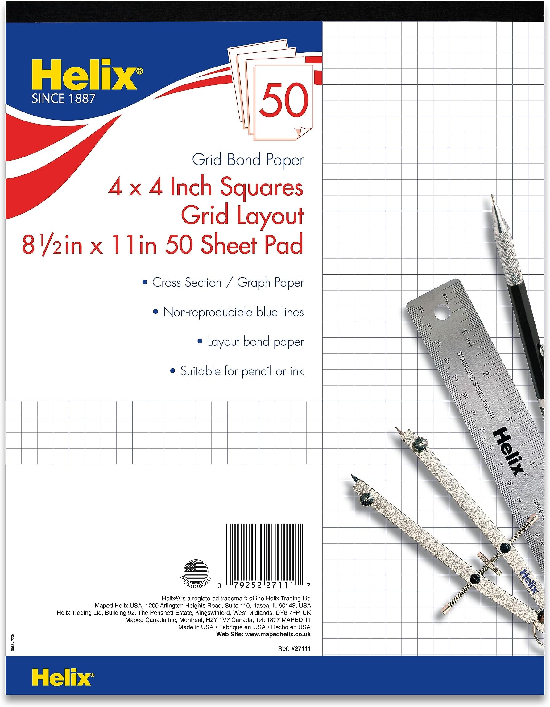 Maped Helix USA Bond Pad, 4 x 4 Grid, 8.5 x 11 Inches, 50 Sheets (27111)