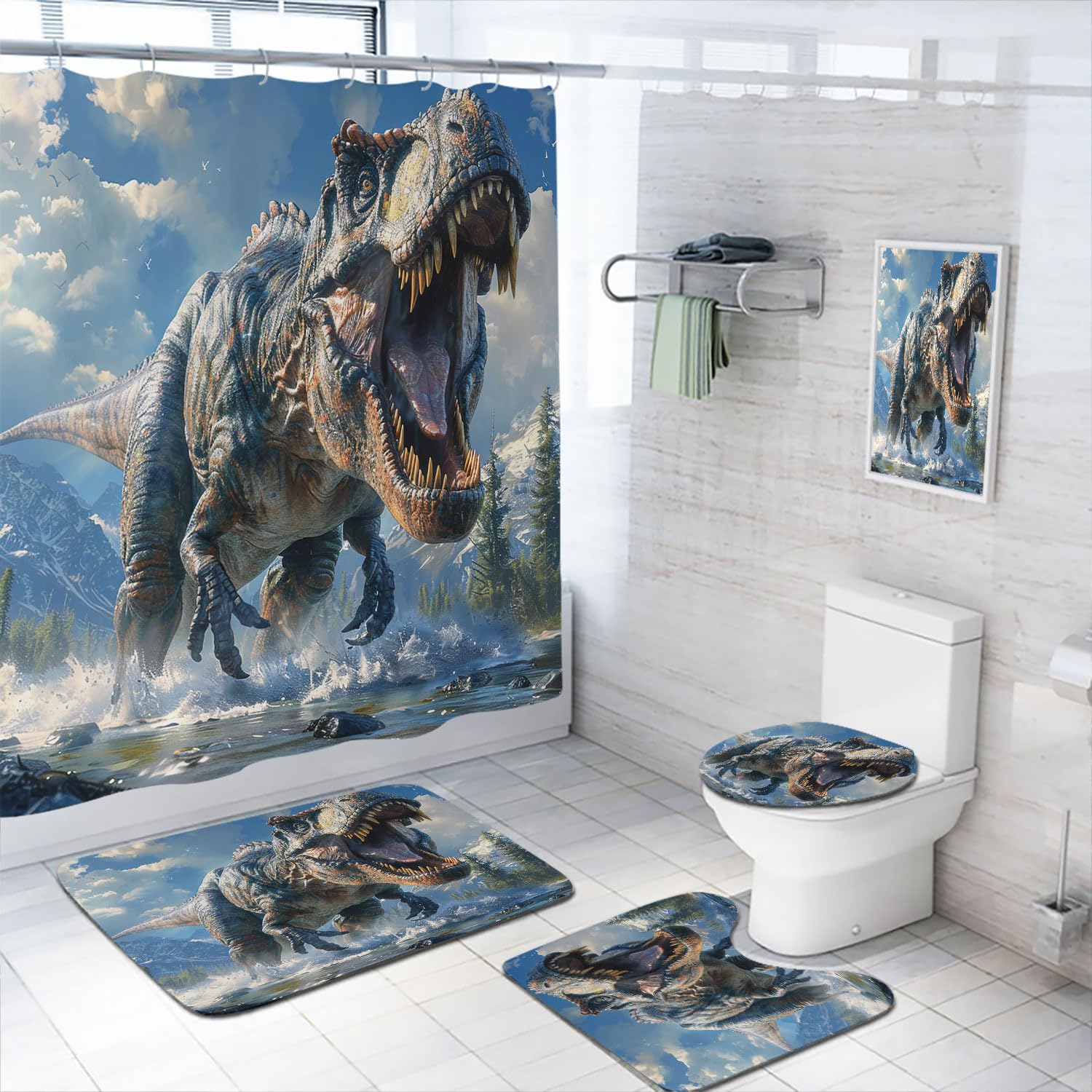 4 Pcs 3D Dinosaur Bathroom Shower Curtain Set with Rugs,Toilet Lid Cover, Bath Mat, Anicient Jurassic Tyrannosaurus Rex Bathroom Shower Curtain with 12 Hooks Accessories Decorative