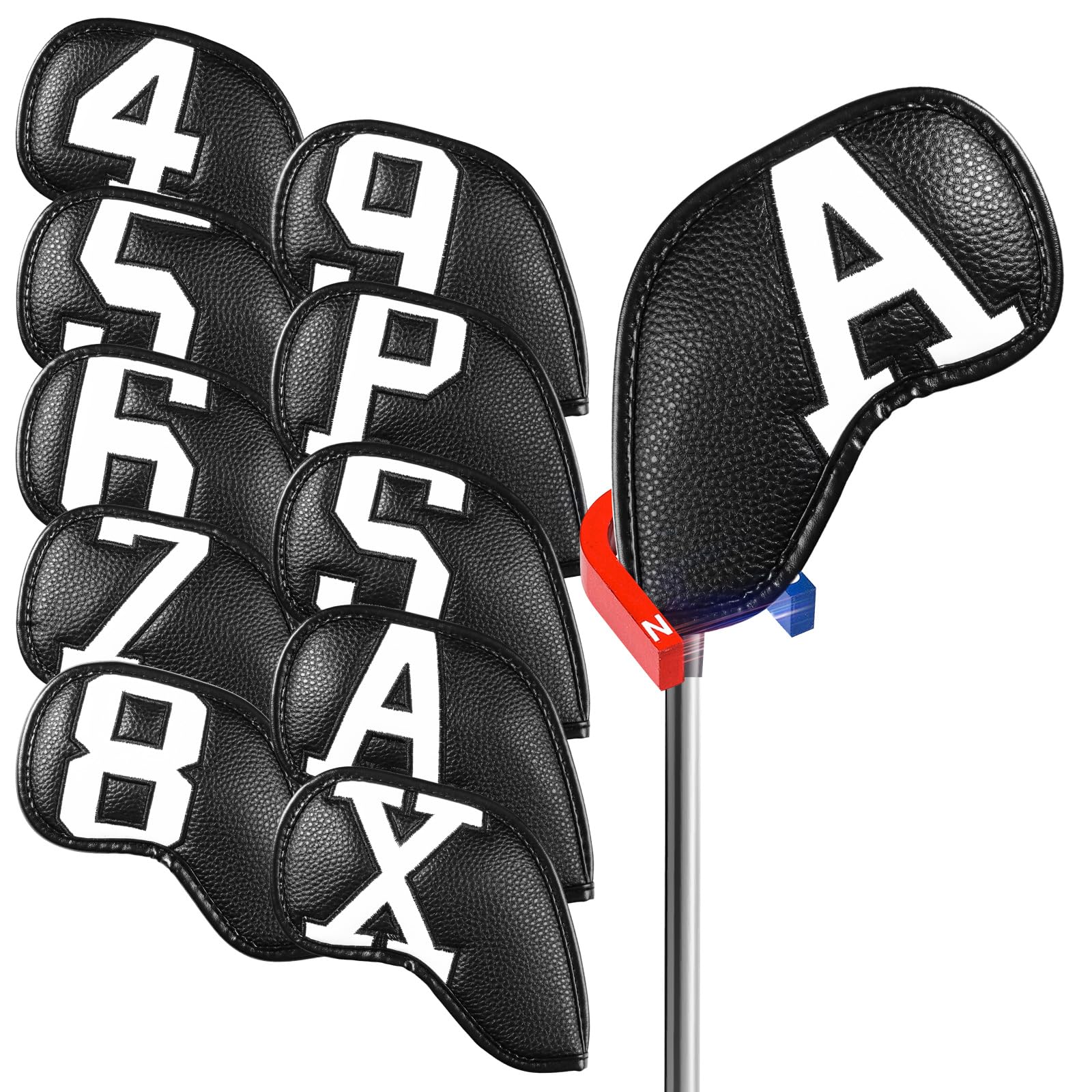 XJBTBA Nakładki na główkę żelazka golfowego Zamknięcie magnetyczne Skórzane dwustronne numery Wartość 10 sztuk, nakładki na kije golfowe syntetyczna ochrona, Główne żelazka Deluxe Fit dla mężczyzn i