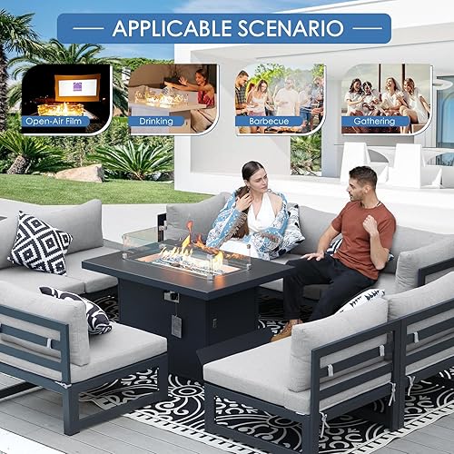 Miniatura 151 de NICESOUL 7 Piece White Powder-Coated Aluminum Patio Furniture with Fire Pit Table, 29 Inch Extra Wide Outdoor Sectional Sofa for 6, High-End Heavy