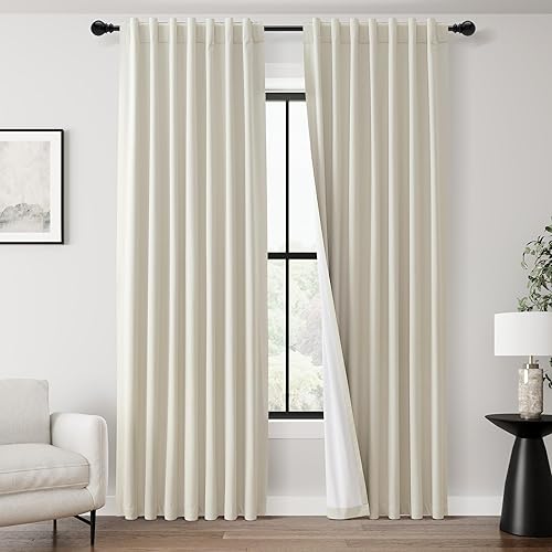 Cortinas opacas de color crema natural para ventana de dormitorio, pestaña trasera, aislamiento térmico, lino neutro, cortinas opacas de 84 pulgadas