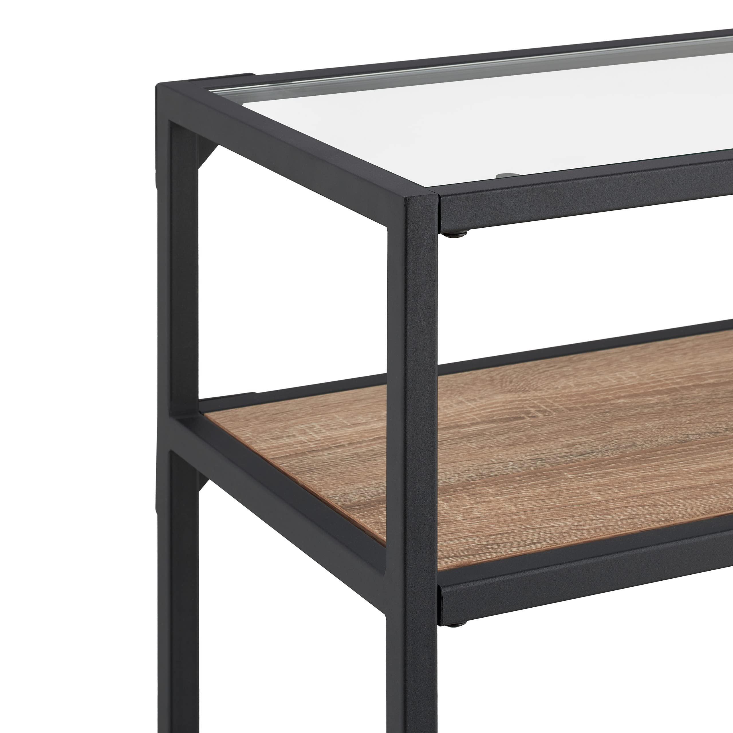 Relaxdays Console 2 Plateaux, Couloir et Salon, 70x110x30 cm, métal, Verre, Aspect Bois, Support à étagères, Noir-Marron