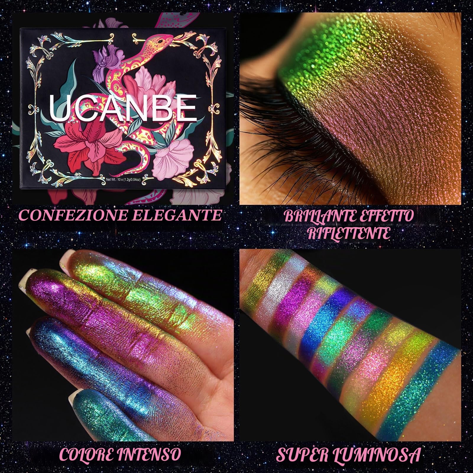 UCANBE Palette di ombretti Chameleon Multicrome 10 colori, ombretti metallizzati riflettenti, con cambiamento di colore, versatili, mistibili, con glitter olografici