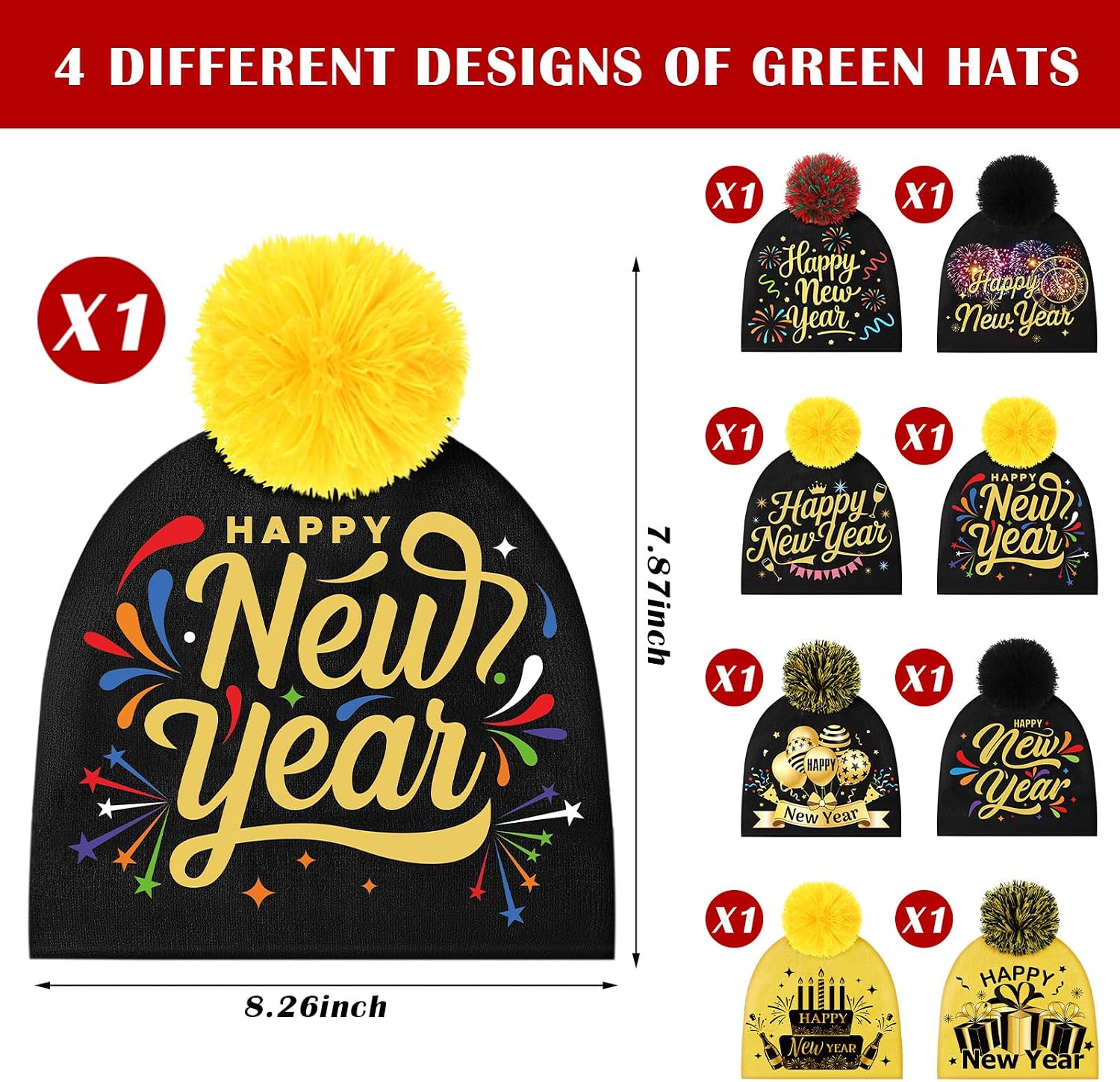 Cozypower Happy New Years Beanie Hat Pom Pom Beanie Hat New Year's Eve Knitted Cap for Adults Men Women Dress Costume