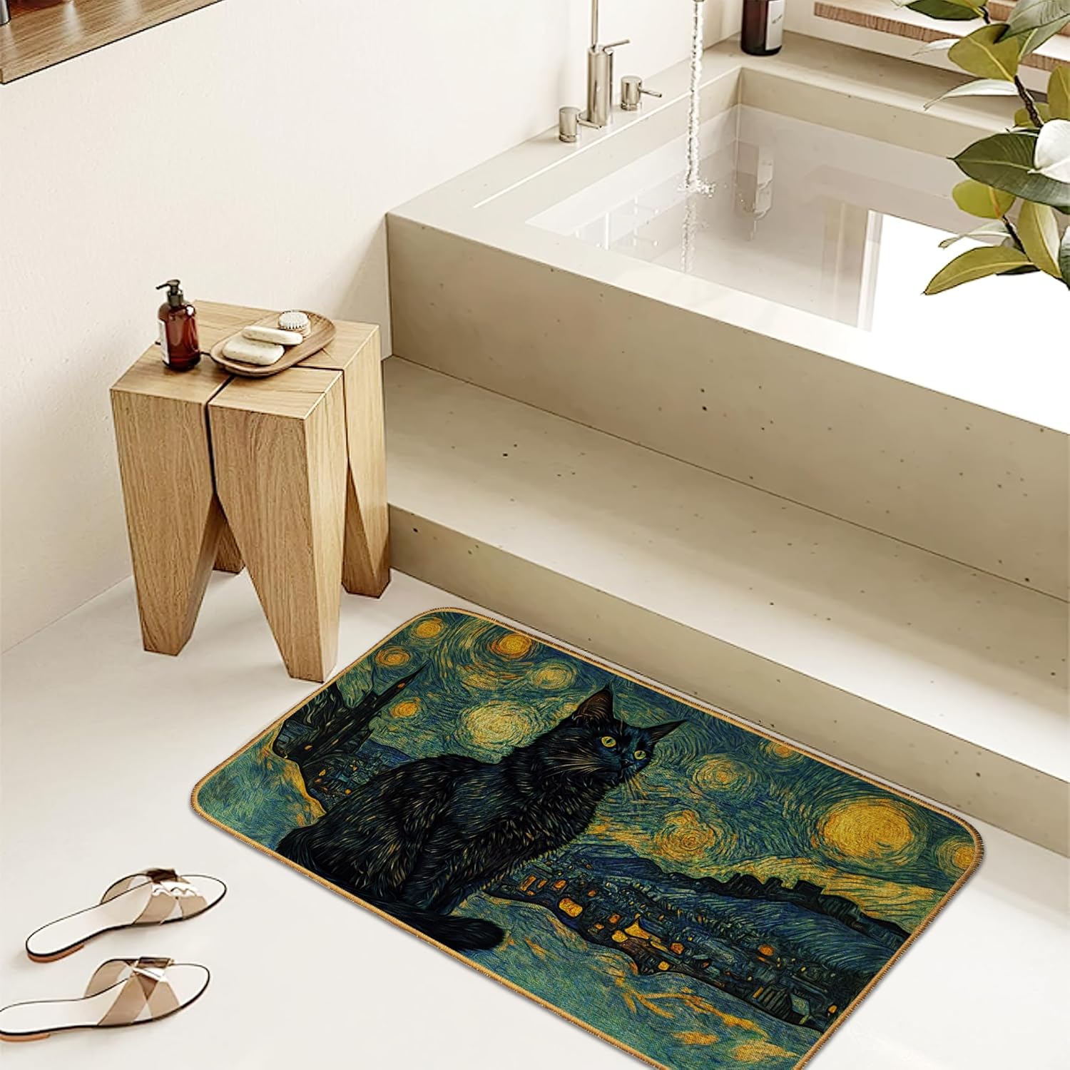 Starry Night Cat Doormat Outdoor Entrance,Abstract Van Gogh Front Door Mat Decorative Indoor Outdoor Non-Slip Entryway Rug for Home Entrance Outside Entry Floor Patio 17x29 Inch