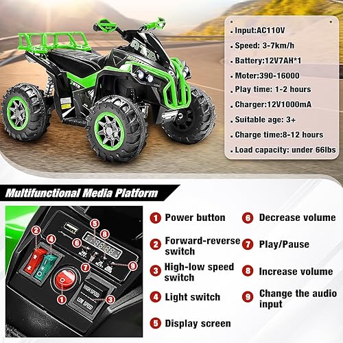 Miniatura 5 de Soar Electirc - Electirc - Vehículo de 4 ruedas para niños de 3 a 6 años, cuatrimoto de 12 V, funciona con pilas, Quad con luces LED, música, alta