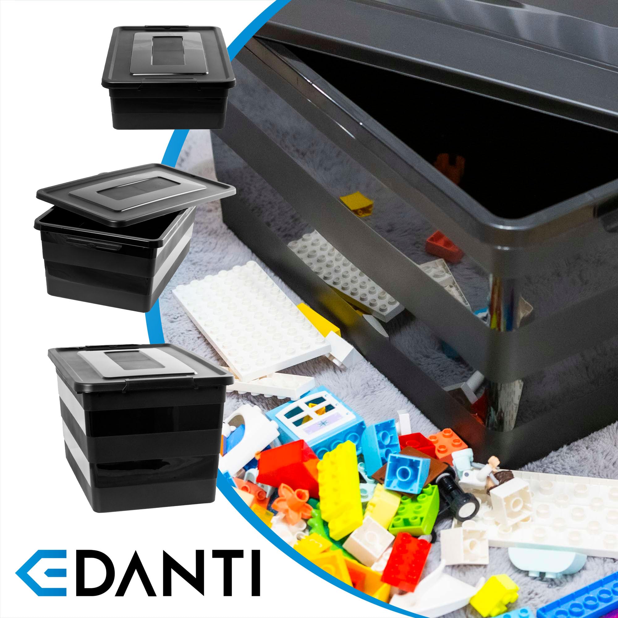 3x Aufbewahrungsbox Mit Deckel Mit Rollen 3er-Set 28L, 40L, 55L Organizer Kunststoff Behälter Container Mit Rädern Kleiderboxen Box Plastik Schwarz