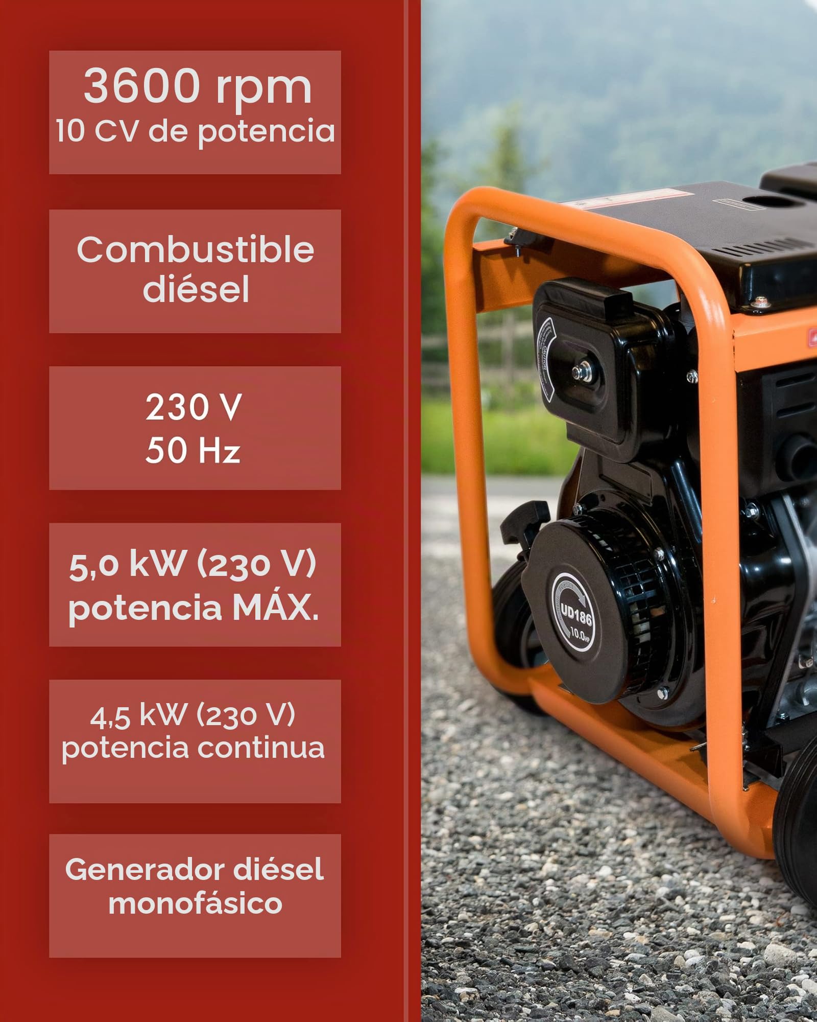 Generador diésel KnappWulf KW5500 con arranque eléctrico, generador de emergencia de 5000 W, incluye batería y protección contra bajo nivel de aceite.
