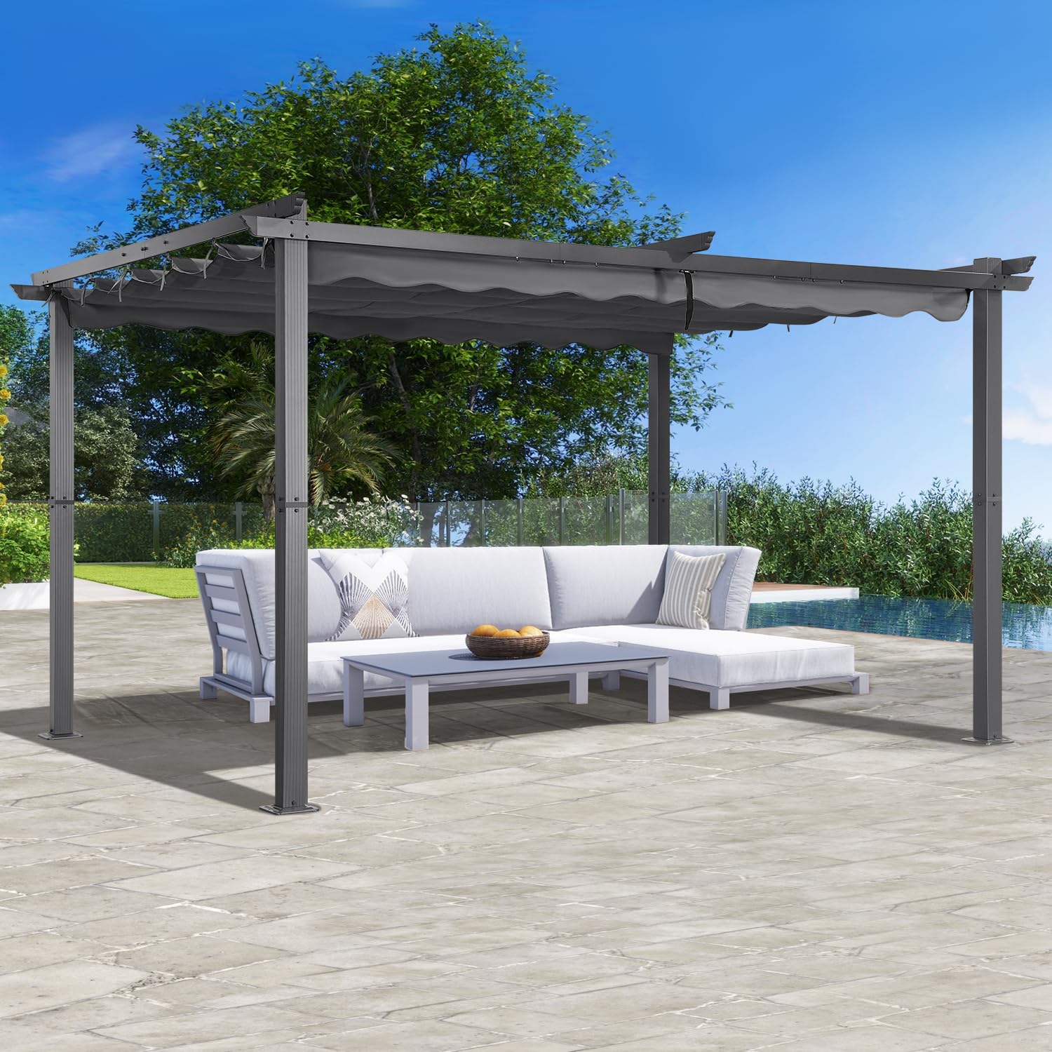 Angel Living Garten Pergola 3 x 4 m Pavillon Gartenpavillon aus Aluminium in anthrazit, Dachrohre aus Stahl, Verstellbares Dach aus Polyester Grau