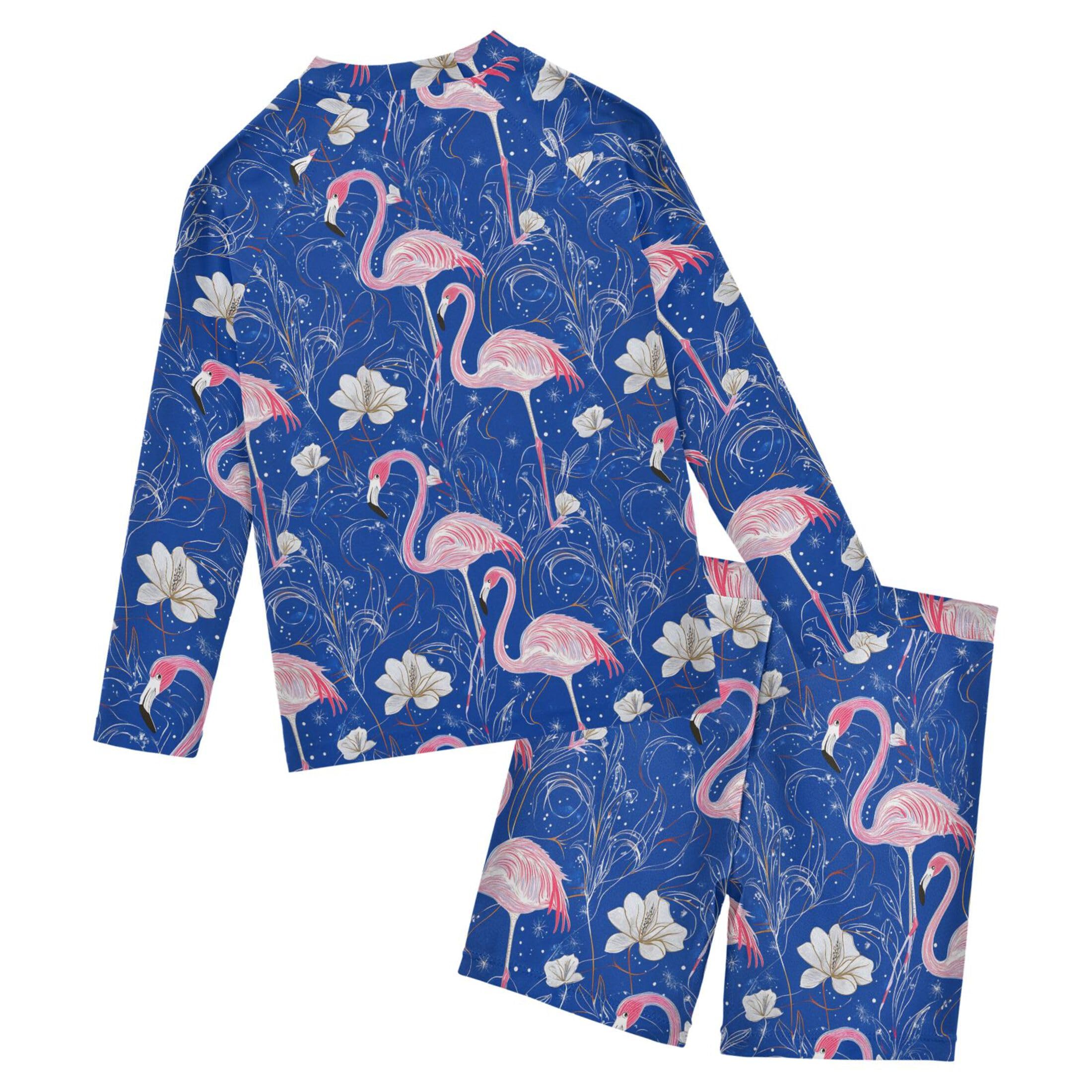 Pink Flamingo Flower Baby Boys' Toddler Long Sleeved Rashguard Swim Bathing Suit Set B0404331