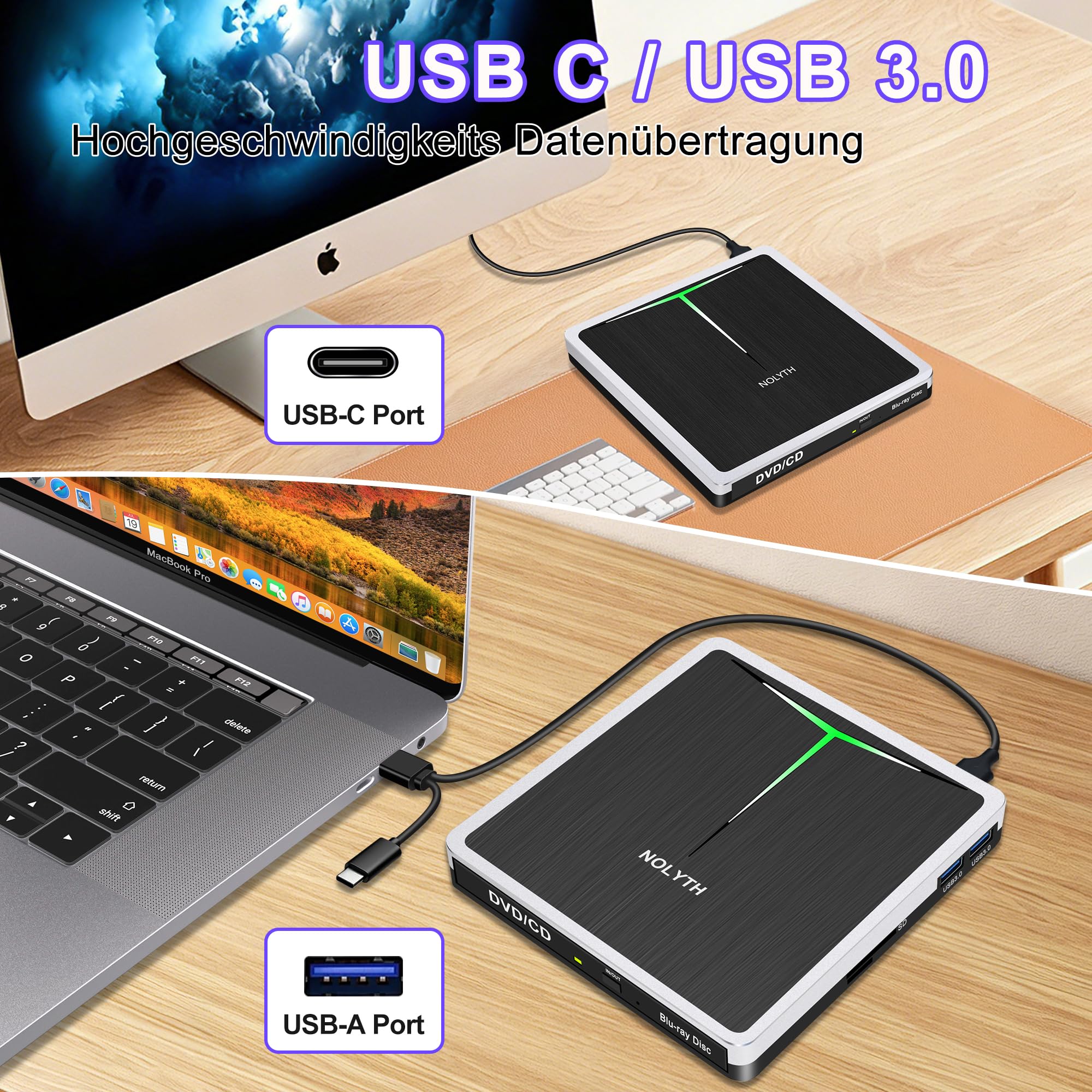 Unidad externa de Blu ray USB C, grabadora de Bluray externa USB 3.0 con ranura SD/TF/puertos USB/funda, portátil externo Blu-ray CD DVD para ordenador portátil, PC, Mac, Windows 11, MacBook