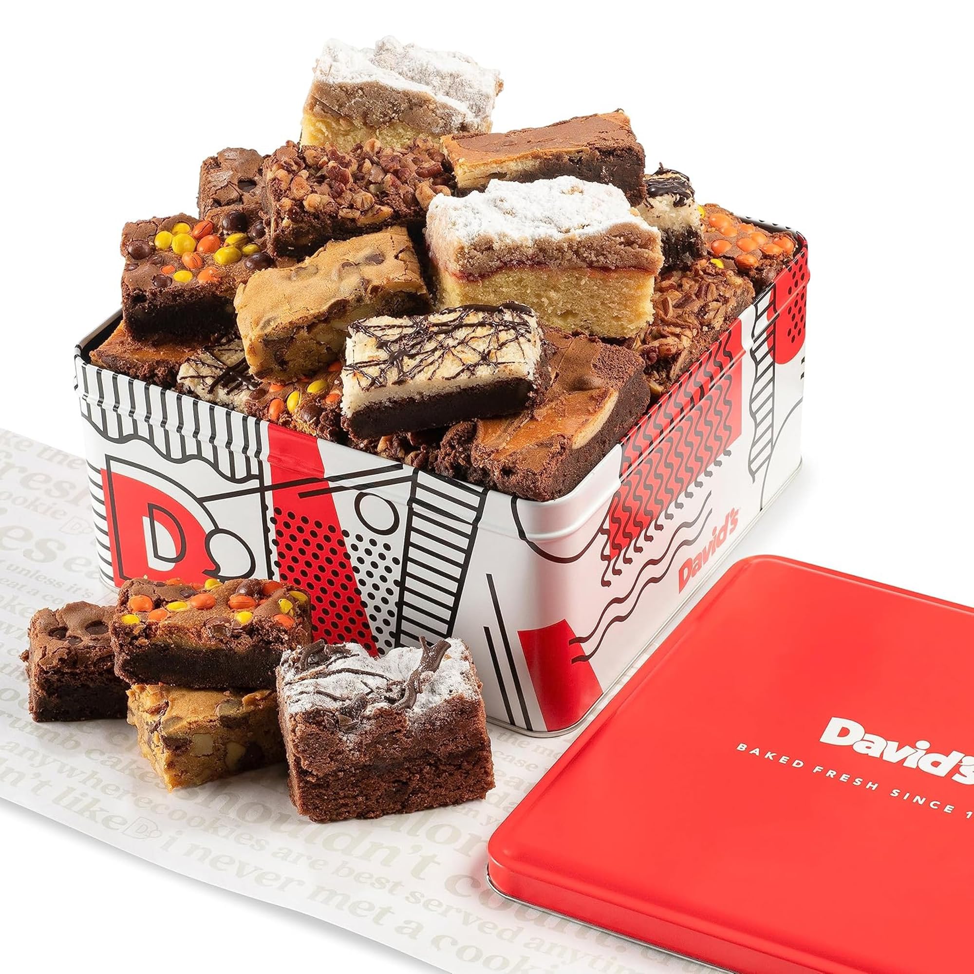 David's Cookies Assorted Brownies & Crumb Cake Gift Tin 3Lbs - Delicious, Fresh Baked Snacks, Gourmet Chocolate Fudge Slices, Brownies Gift Basket - Ideal Gift for Superbowl & Other Special Occasions