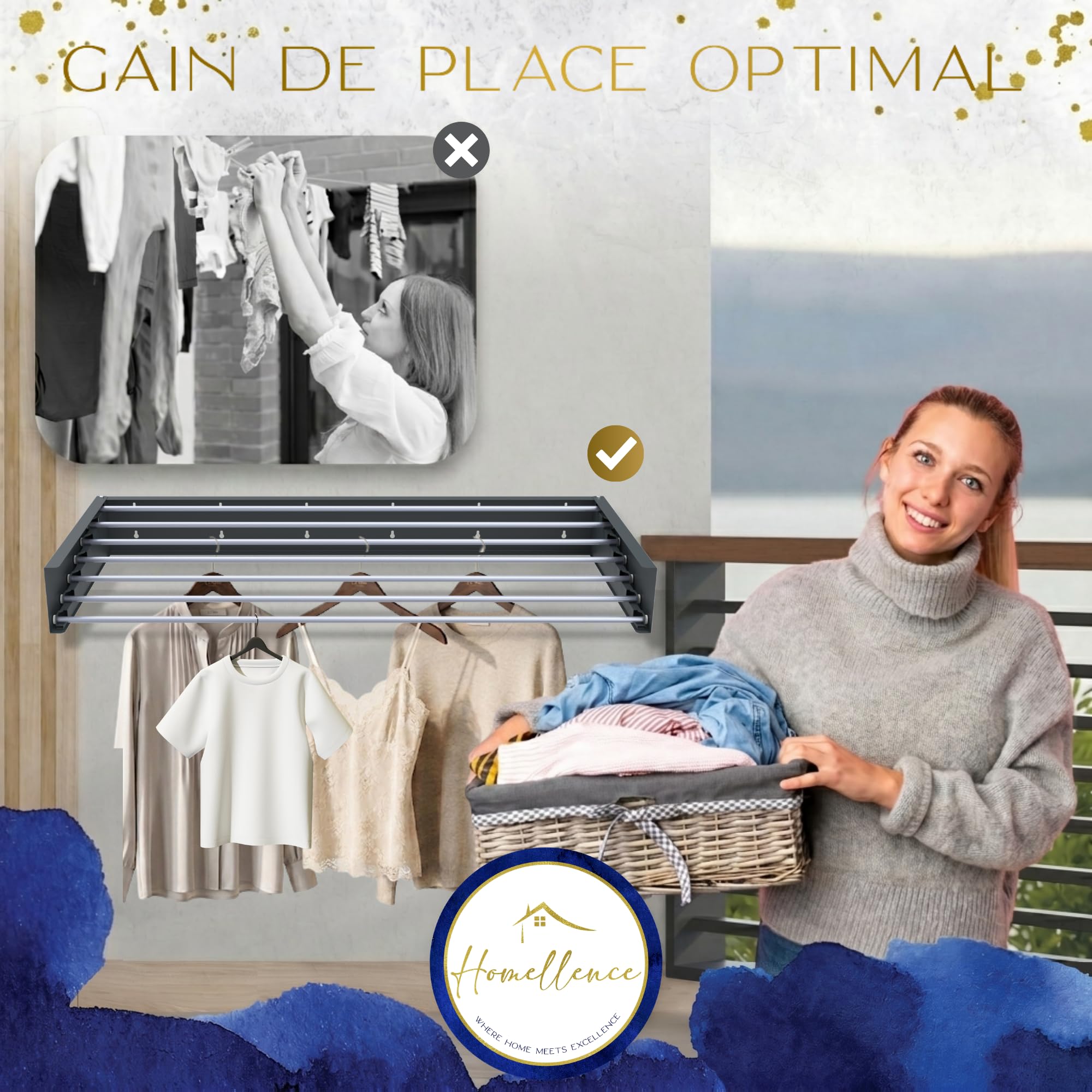 Homellence Étendoir à linge mural élégant - Étendoir mural pliant et rétractable - Étendoir mural escamotable gain de place - Étendoir mural rétractable (120 cm, Anthracite)
