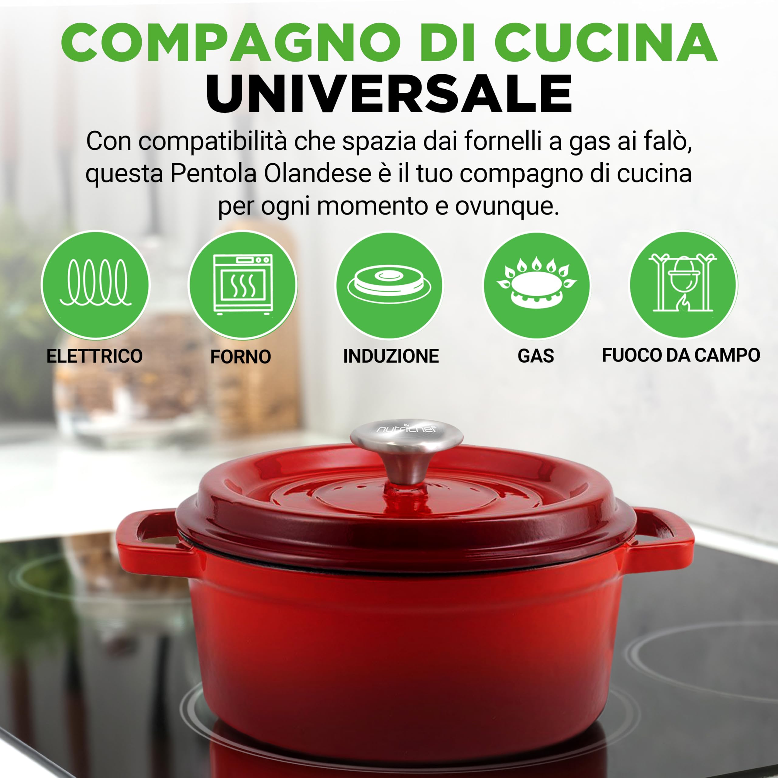 NutriChef Casseruola in Ghisa da 5 Litri, Forno Olandese Antiaderente in Rivestimento Smaltato con Coperchio, Rotonda Cocotte per Cuocere con Ricette, Adatta a Piani di Cottura e Forni a Induzione