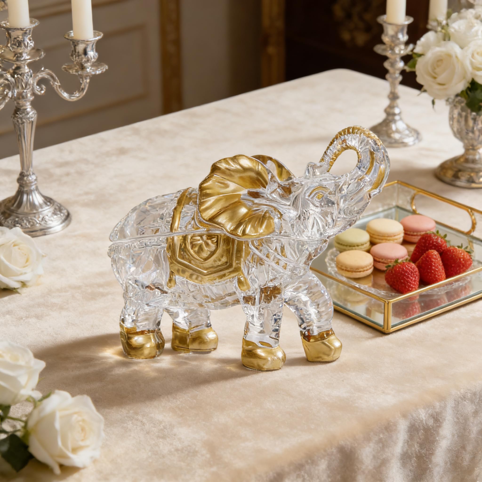Grands bocaux à bonbons en cristal peints à la main en forme d'éléphants avec couvercle, cadeaux pour les amateurs d'éléphants, décoration de collection pour centre de table à la maison.