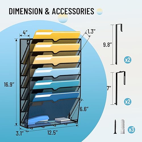 Miniatura 5 de SUPEASY Soporte para archivos de pared de malla de 7 niveles, organizador de archivos de pared colgante, organización de oficina para papeles,