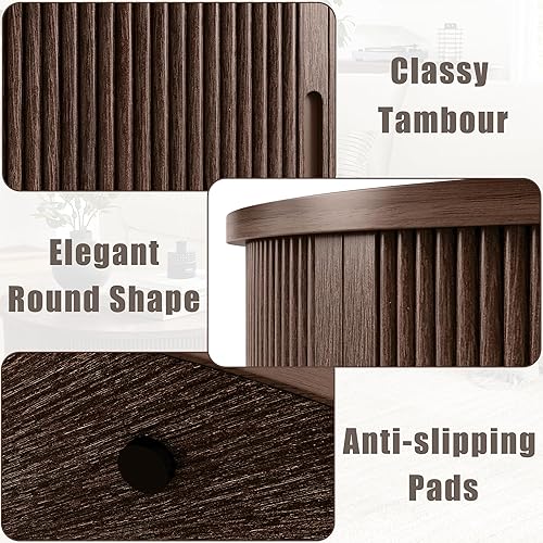 Miniatura 16 de LINSY HOME Mesa auxiliar redonda, mesa de centro de tambor de 31.5 pulgadas con puerta corrediza de tambor, mesa central acanalada con Roble,Oval