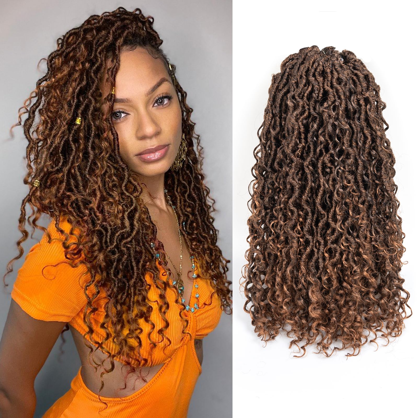 ToyoTress Boho Faux Locs Crochet Hair - 18 Inch 8 Packs Ombre Brown Bohemian Locs Crochet Hair With Curly Ends for Black Women, Long Pre-looped Synthetic Braiding Hair Extensions（18 Inch, T30-8P)