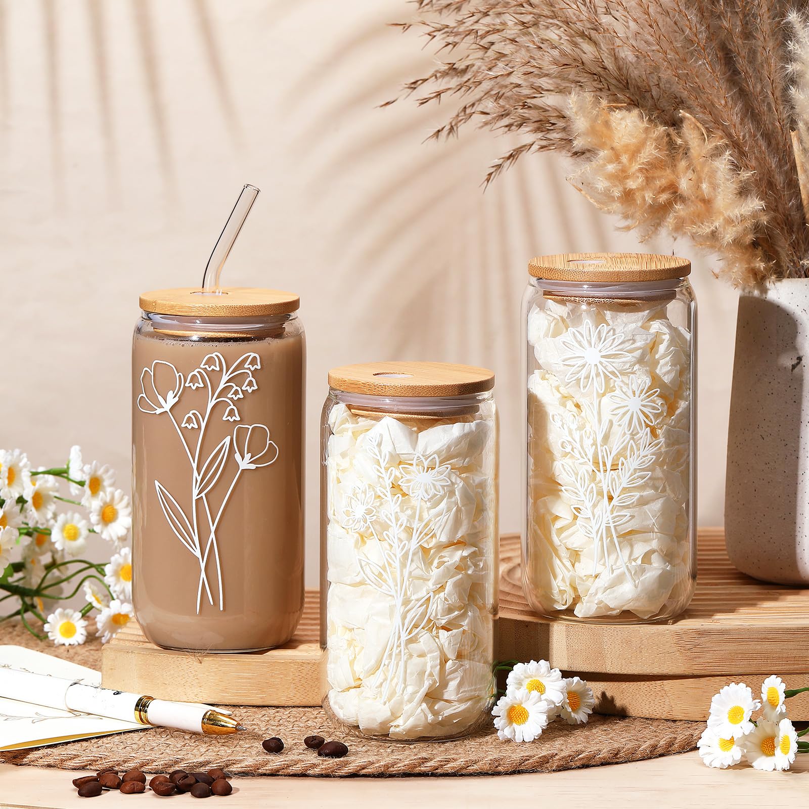 6-Pack Wildflower Glass Cups With Lids & Straws – 16 Oz Bohemian Iced Coffee Tumblers