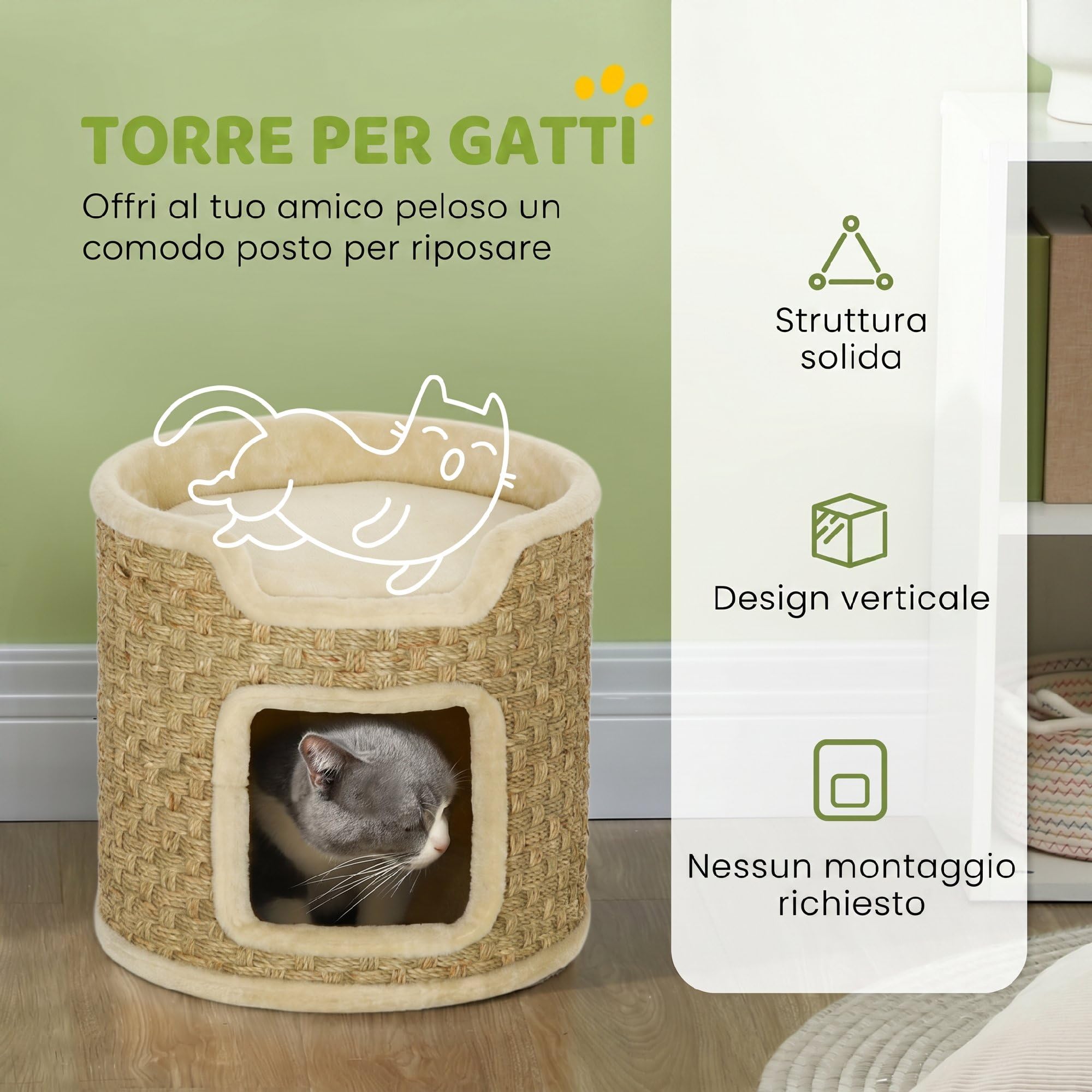 PawHut Albero Tiragraffi per Gatti Alto 37cm a 2 Livelli con Nicchia, Cachi | Torre per Gatti a Cilindro, Corda in Erba Marina e Sisal, Rivestimento in Peluche, Fino a 5 kg
