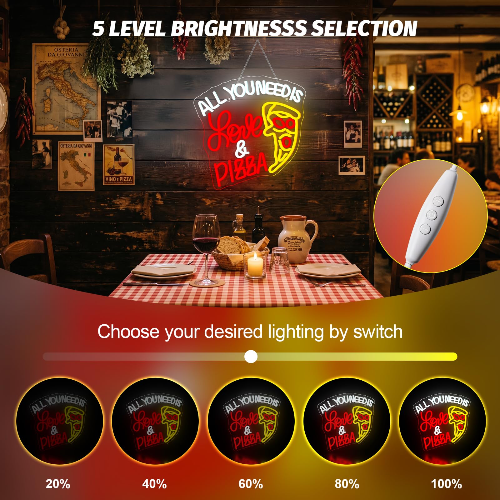 All You Need Is Love & Pizza Insegna Led Pizza Lampada Neon USB Dimmerabile Insegna al Neon Decorazione Letter Insegne Luminosee per Pizzeria Negozio, Regalo, Camera da Letto, Ristorante, Cucina