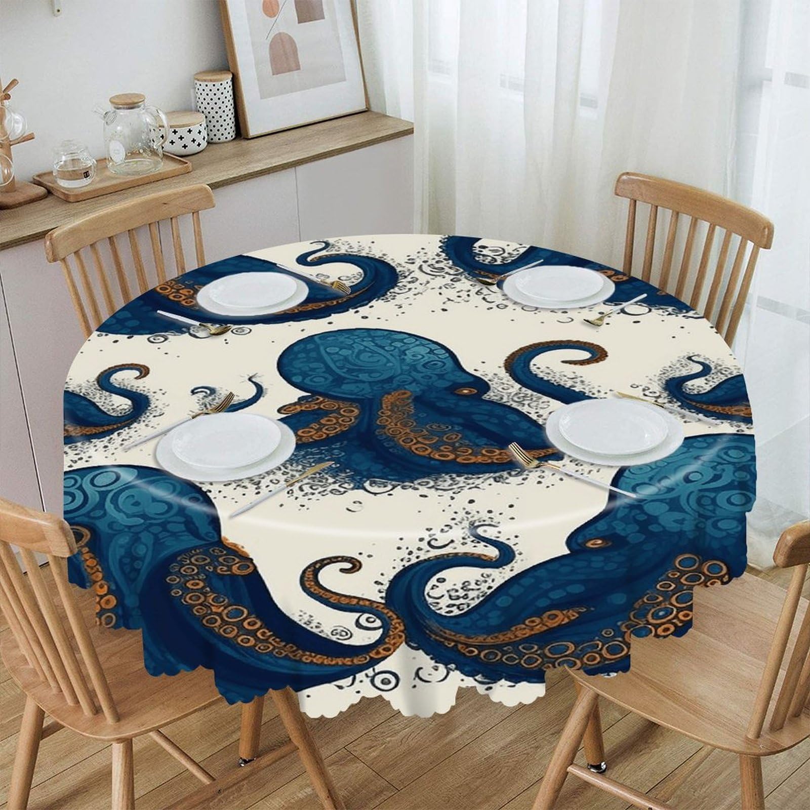 VstaDank Tentacles Octopus Round Tablecloth Premium Polyester Table Cloth Heavy Duty Washable Fabric Tablecloth Waterproof Holiday Table Cover Decorative Tablecloths for Dining 60"