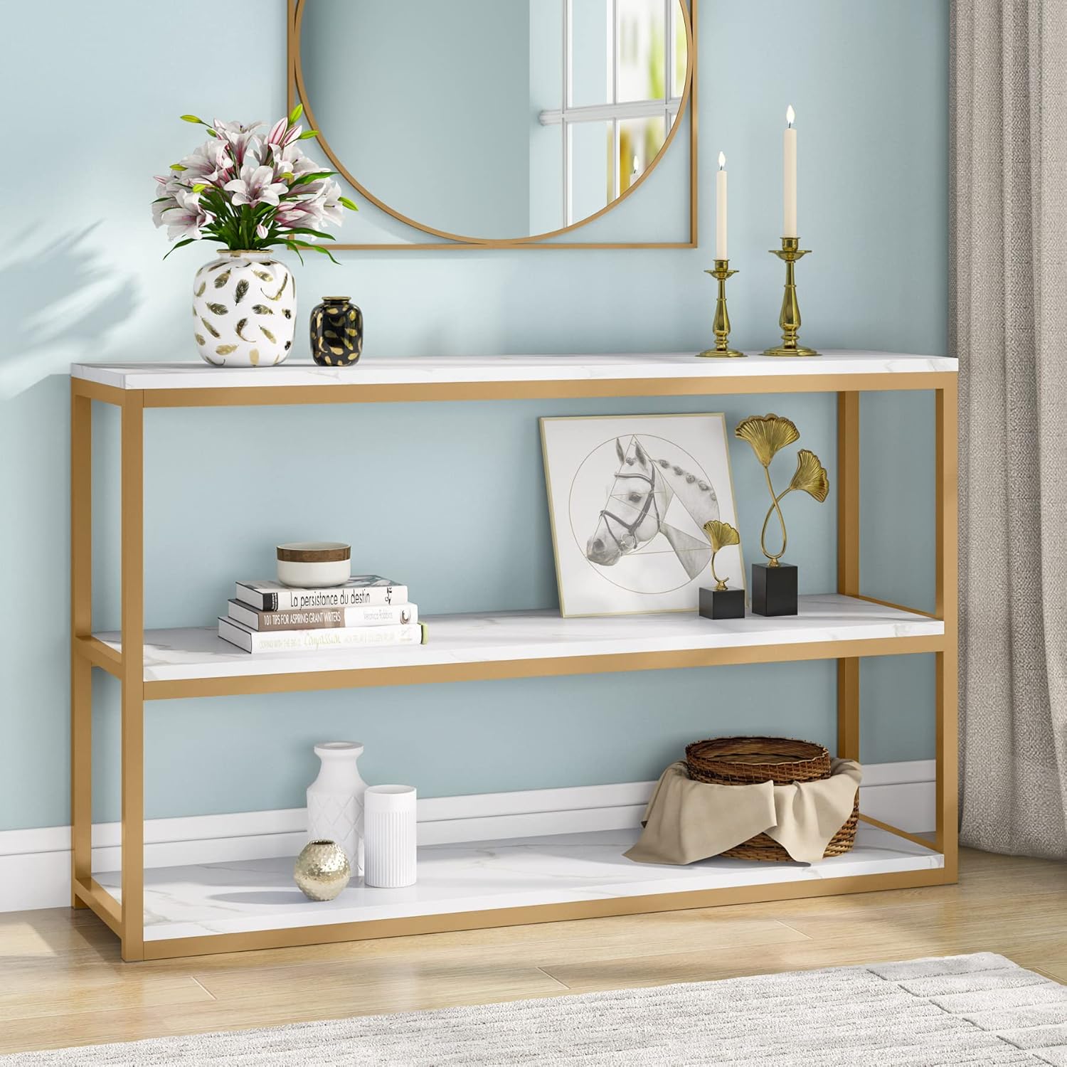 Tribesigns 3Tier Console Table, Gold Sofa Entry Table with Faux Marble